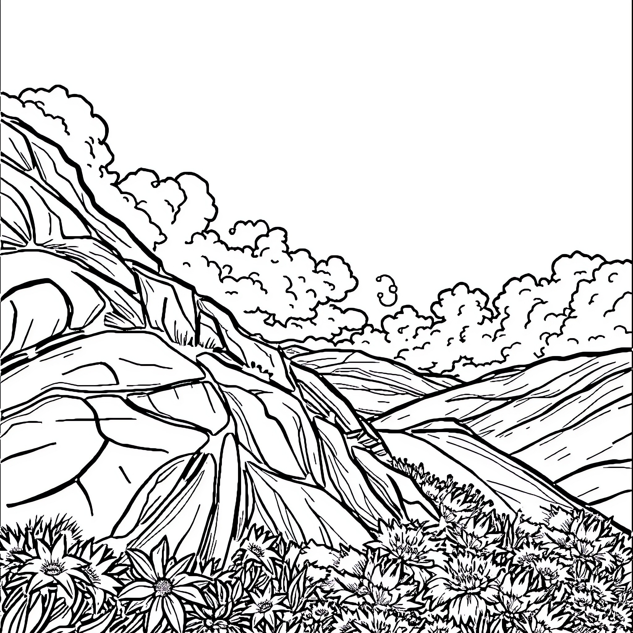 Blue Cloudy Landscape with Blossoming Plants Coloring Page (free black-and-white line drawing printable PDF for all, from beginners to advanced learners, including children, teens, adults, and seniors)