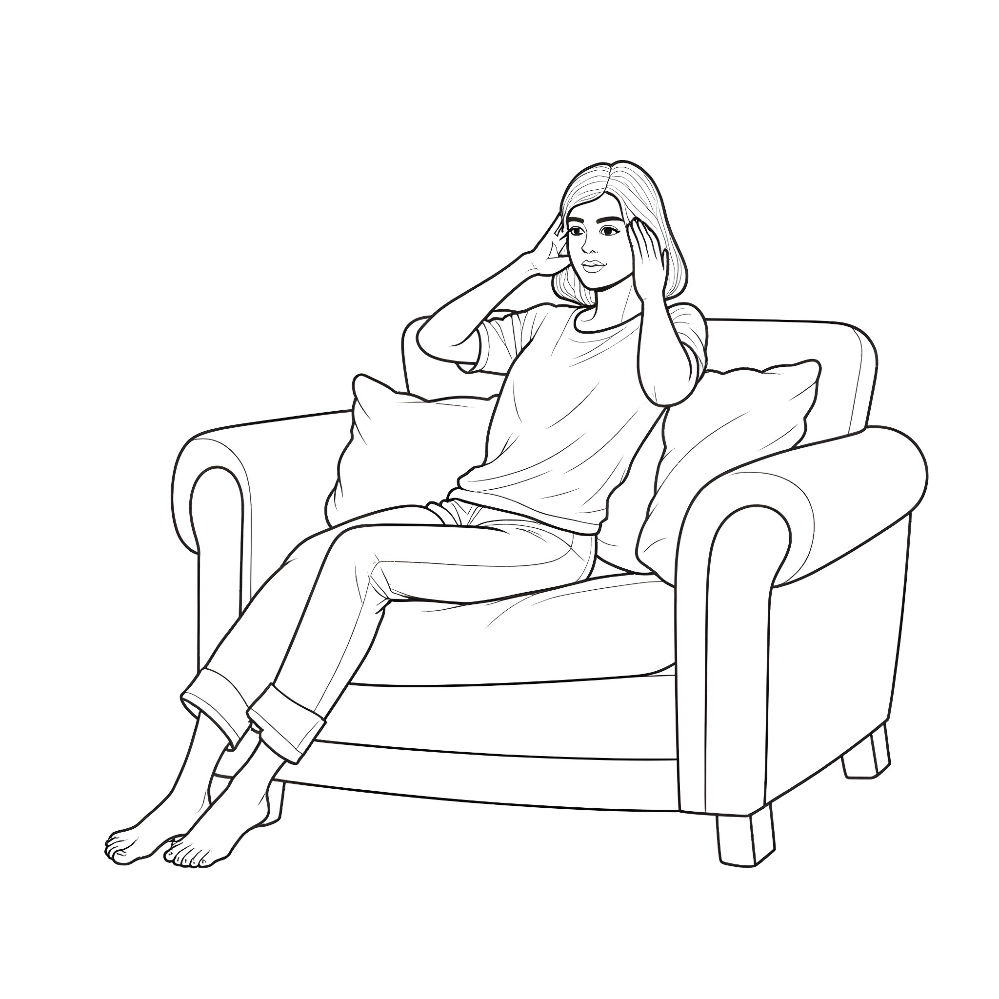 Mother resting comfortably on couch Coloring Page (free black-and-white line drawing printable PDF for all, from beginners to advanced learners, including children, teens, adults, and seniors)