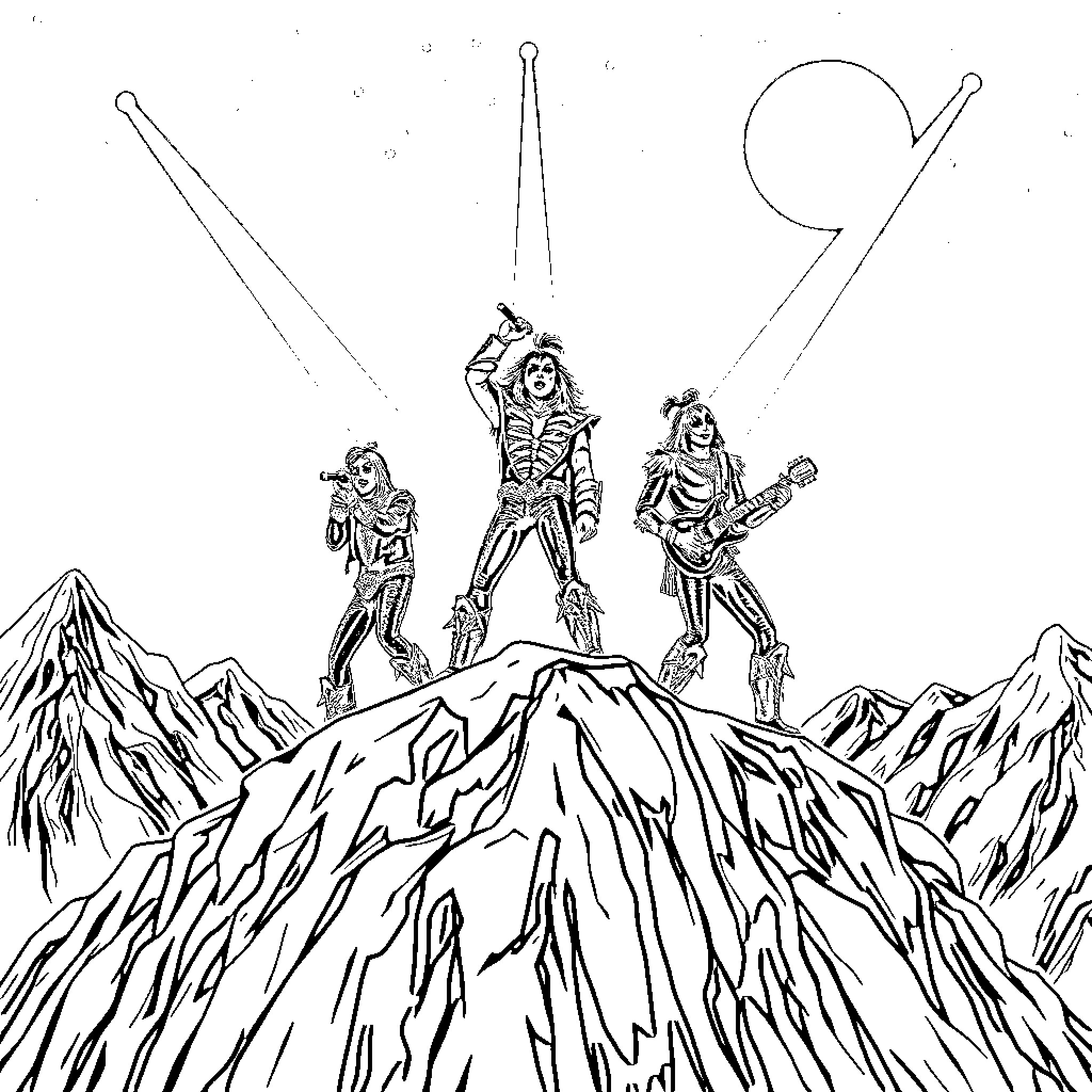 Kiss of rock stars on the mountain stage Coloring Page (free black-and-white line drawing printable PDF for all, from beginners to advanced learners, including children, teens, adults, and seniors)