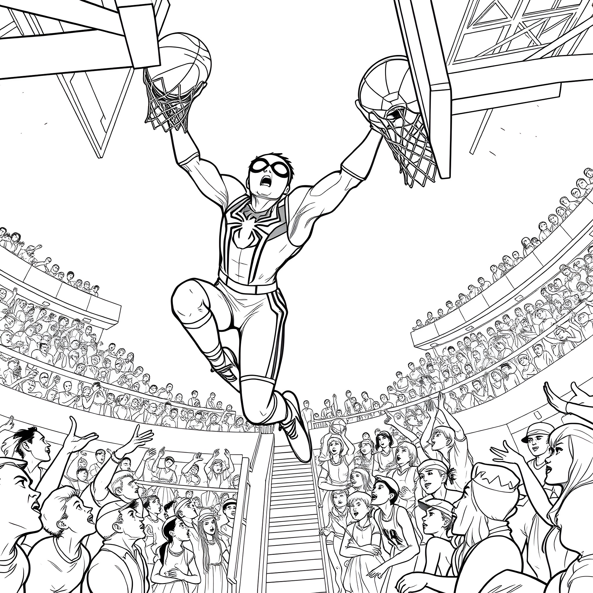 Miles Morales Dunking in a Crowded Basketball Stadium Coloring Page (free black-and-white line drawing printable PDF for all, from beginners to advanced learners, including children, teens, adults, and seniors)