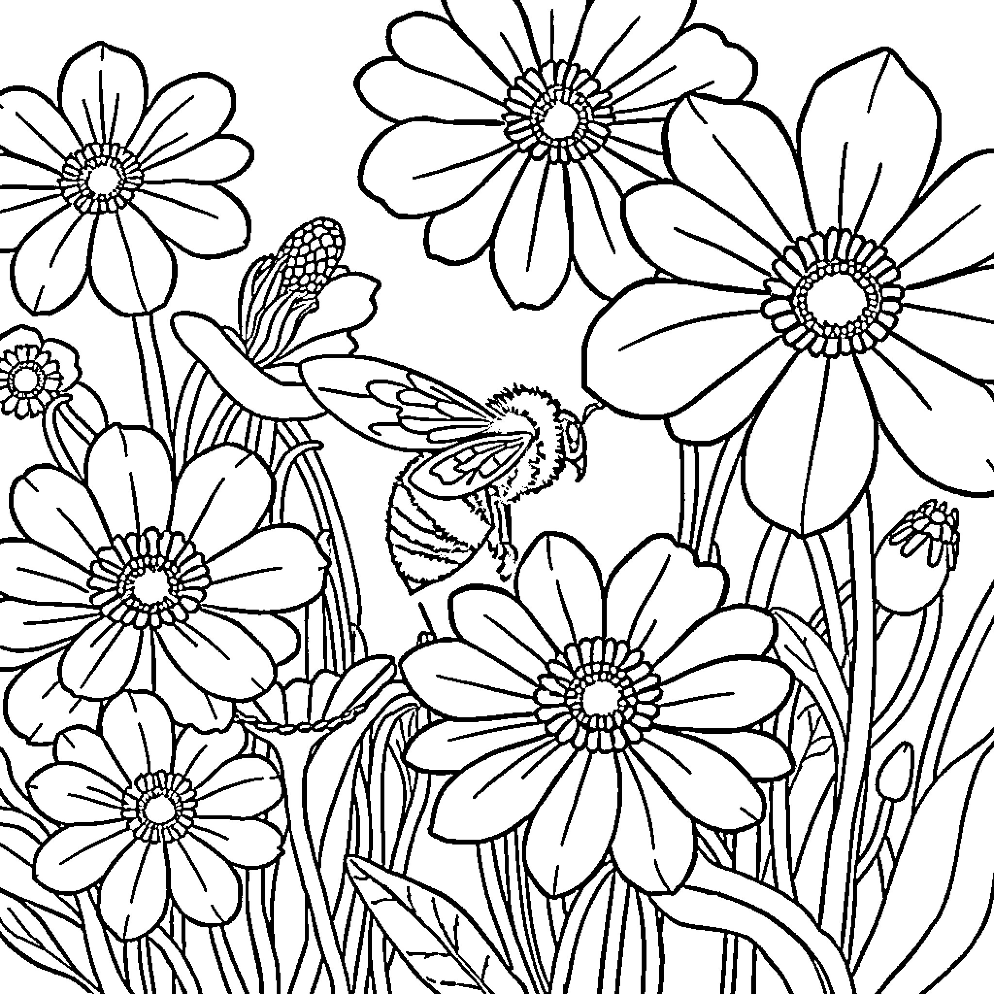 Bee flying amidst blooming flowers in the garden Coloring Page (free black-and-white line drawing printable PDF for all, from beginners to advanced learners, including children, teens, adults, and seniors)