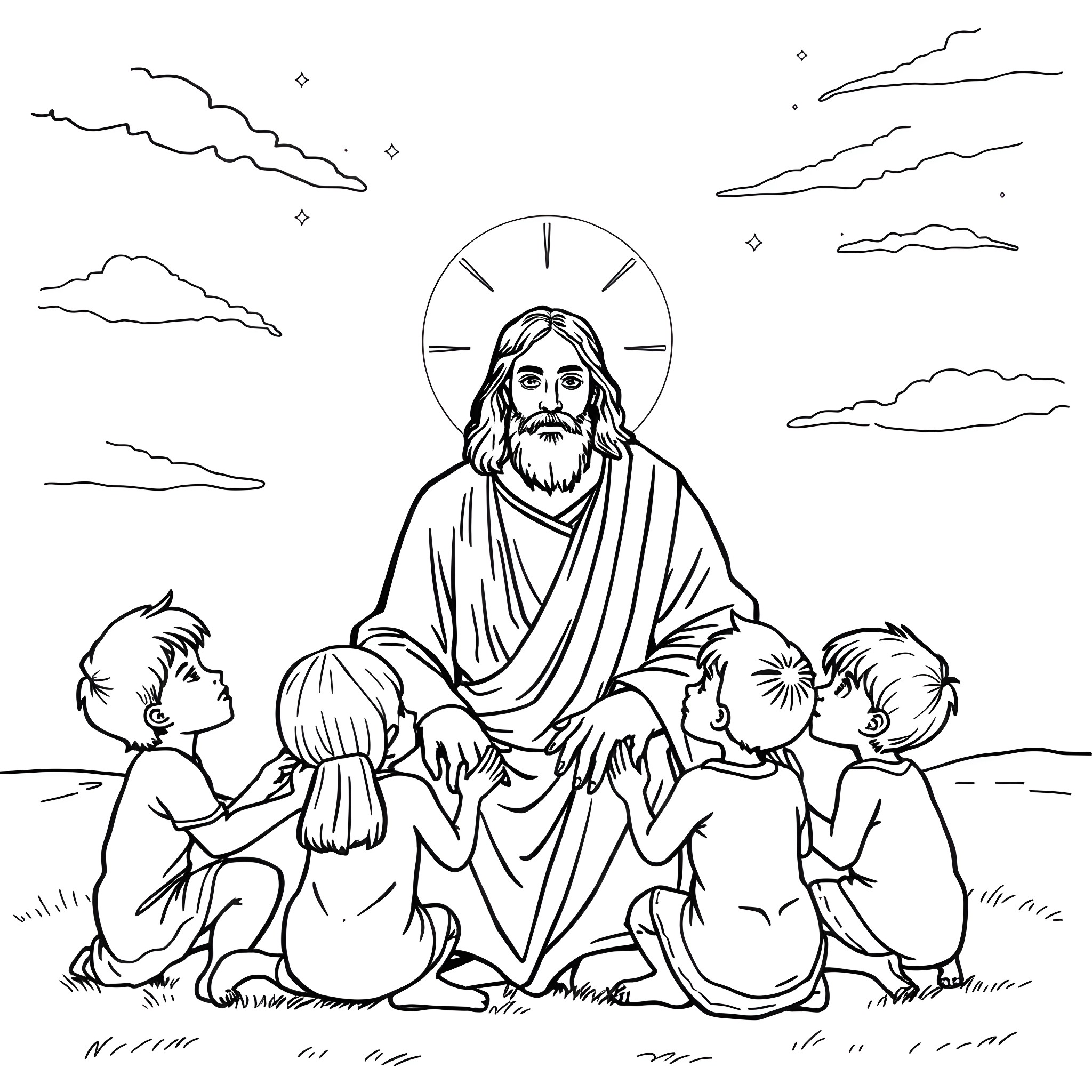 Jesus Blessing and Teaching the Children Coloring Page (free black-and-white line drawing printable PDF for all, from beginners to advanced learners, including children, teens, adults, and seniors)