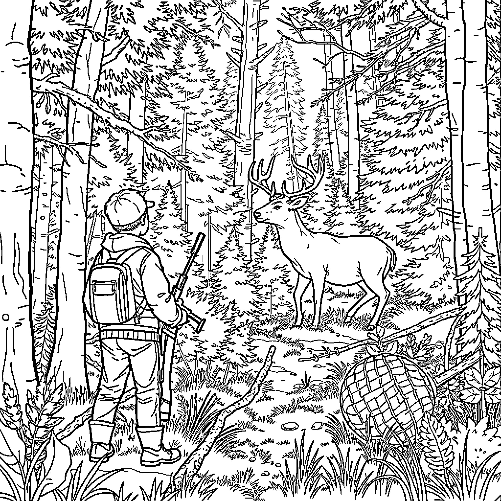 Hunter observing deer in the forest wilderness Coloring Page (free black-and-white line drawing printable PDF for all, from beginners to advanced learners, including children, teens, adults, and seniors)