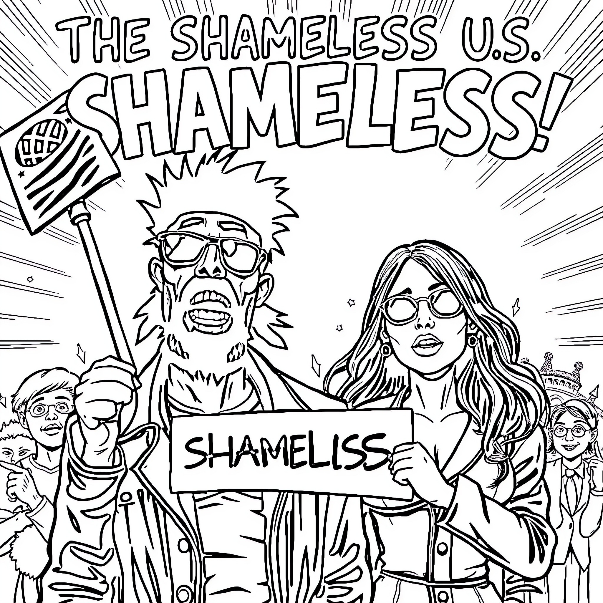 US citizens protesting and holding signs in a crowd Coloring Page (free black-and-white line drawing printable PDF for all, from beginners to advanced learners, including children, teens, adults, and seniors)