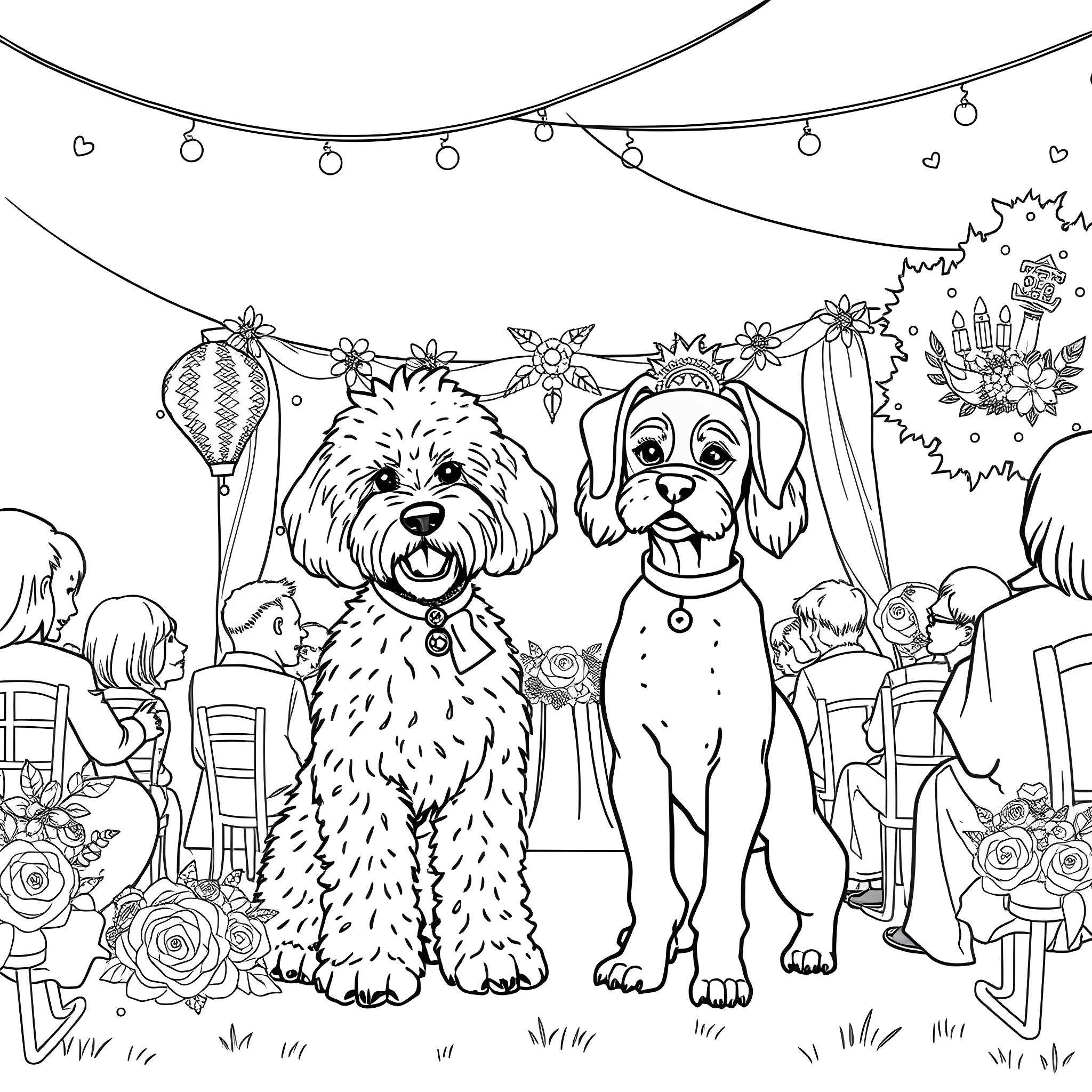 Dogs dressed up for a party with decorations Coloring Page (free black-and-white line drawing printable PDF for all, from beginners to advanced learners, including children, teens, adults, and seniors)