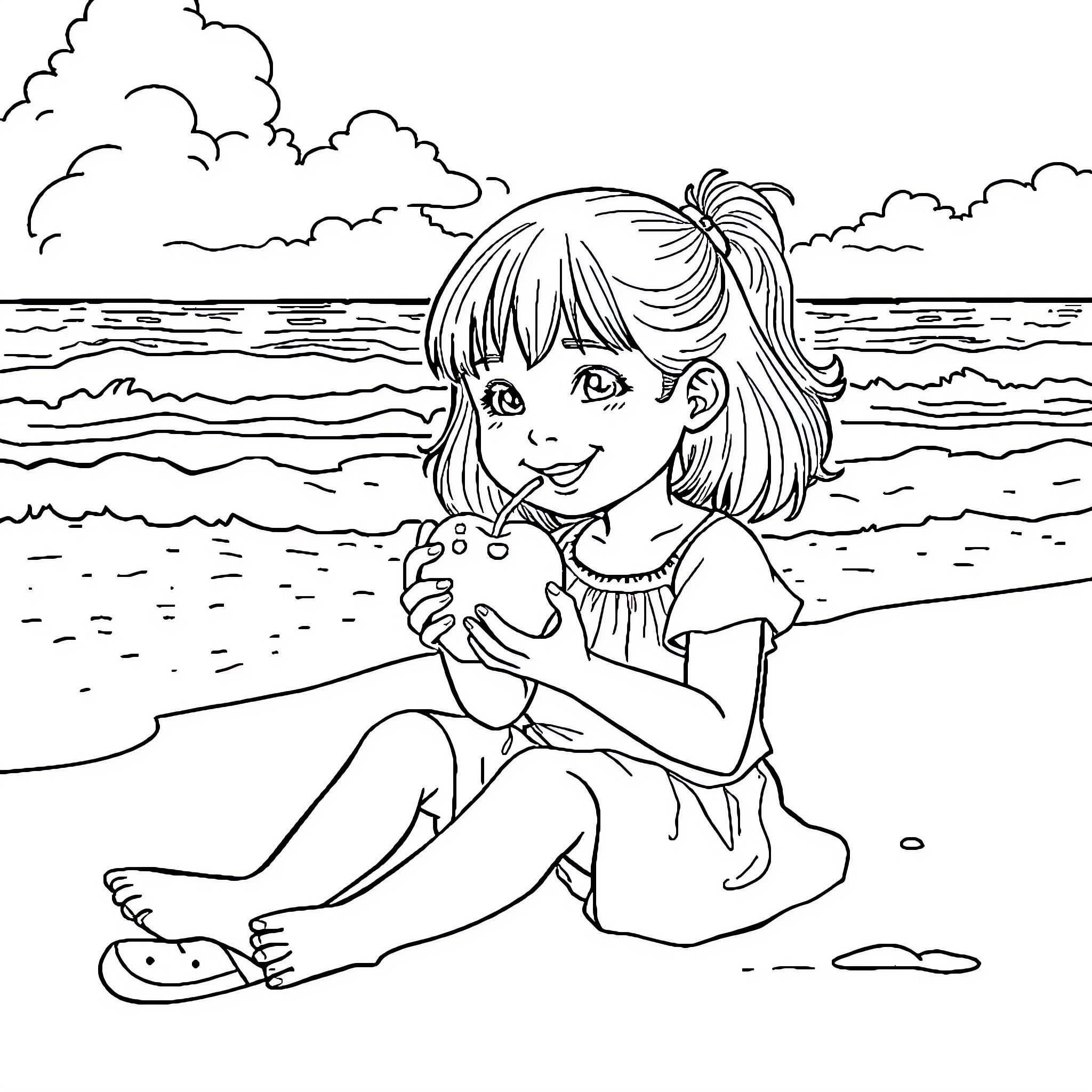 Girl playing happily with seashell on the beach Coloring Page (free black-and-white line drawing printable PDF for all, from beginners to advanced learners, including children, teens, adults, and seniors)