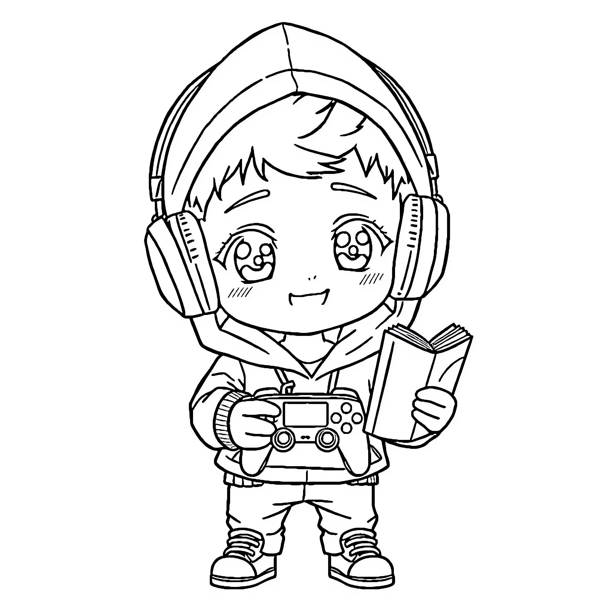 Anime Boy Happily Playing Video Game with Headphones Coloring Page (free black-and-white line drawing printable PDF for all, from beginners to advanced learners, including children, teens, adults, and seniors)