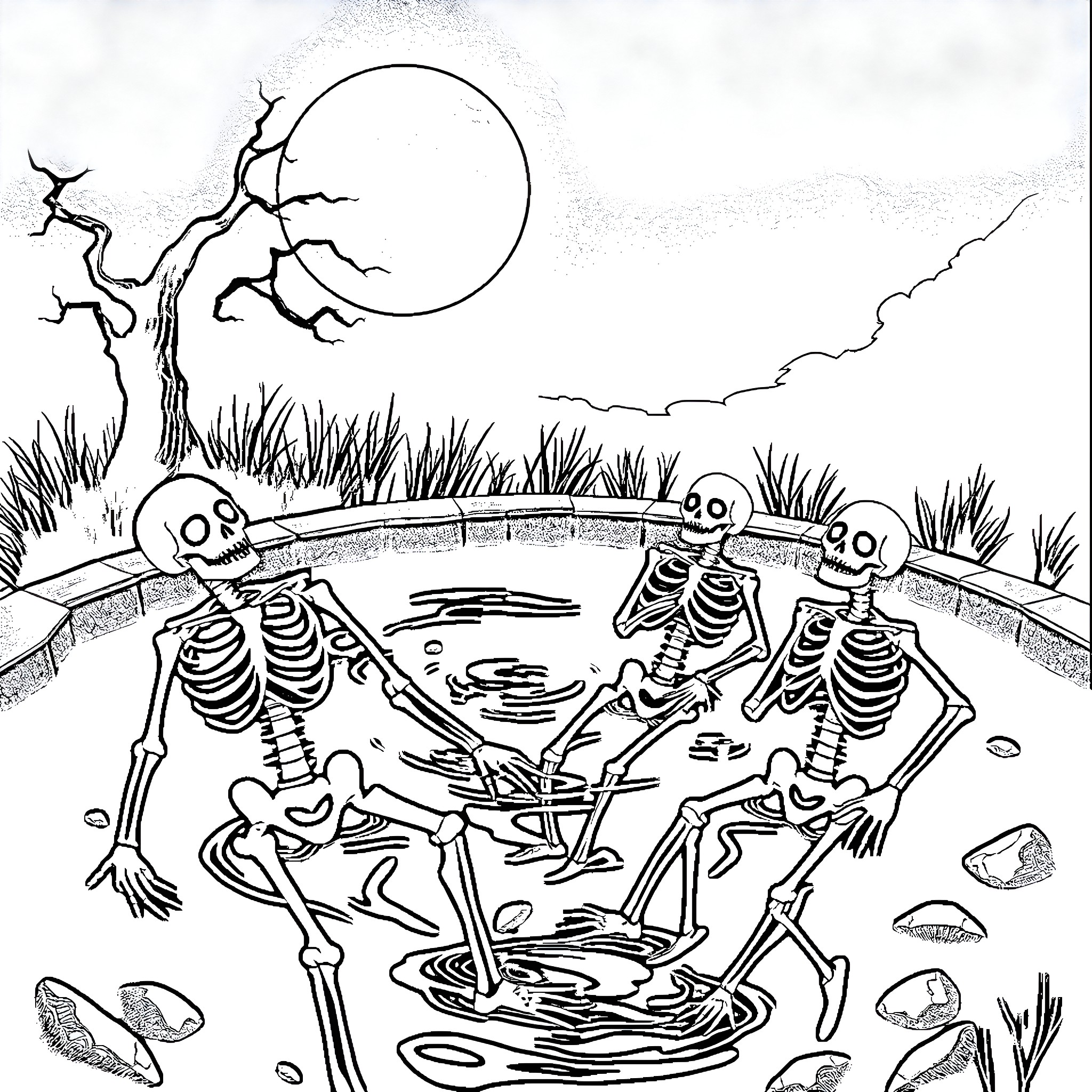Skeleton Skeletons Dancing in Moonlight Coloring Page (free black-and-white line drawing printable PDF for all, from beginners to advanced learners, including children, teens, adults, and seniors)