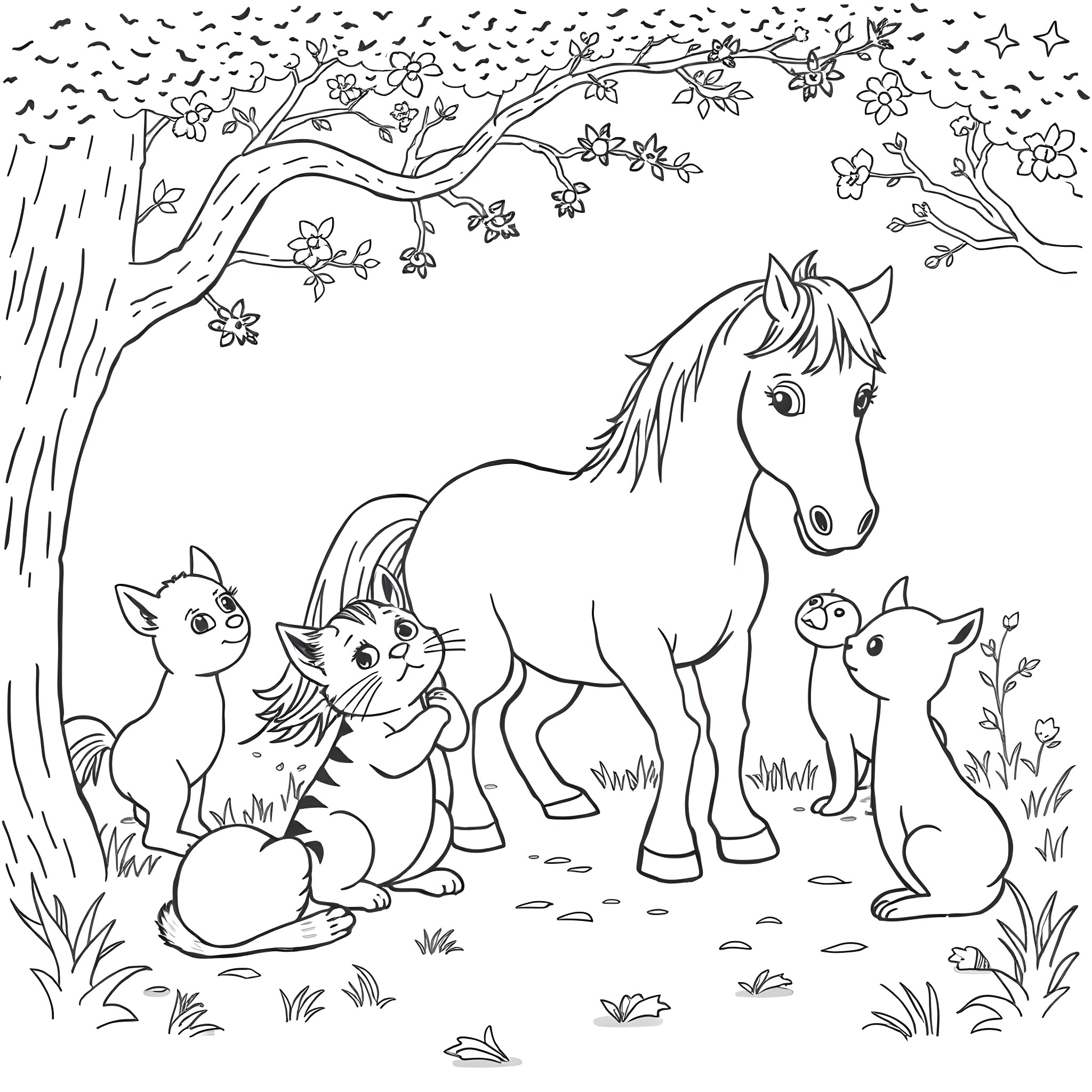Cat, Horse, and Bunnies in Spring Meadow Coloring Page (free black-and-white line drawing printable PDF for all, from beginners to advanced learners, including children, teens, adults, and seniors)