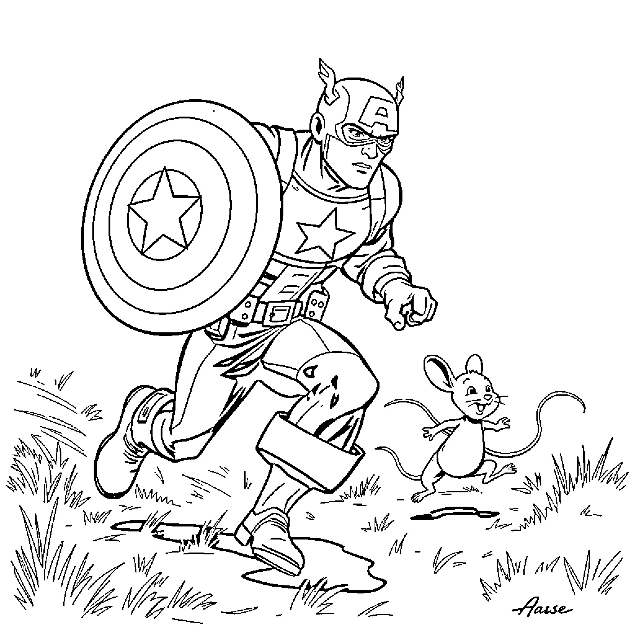 Captain America Chasing Playful Mice in Outdoor Scene Coloring Page (free black-and-white line drawing printable PDF for all, from beginners to advanced learners, including children, teens, adults, and seniors)