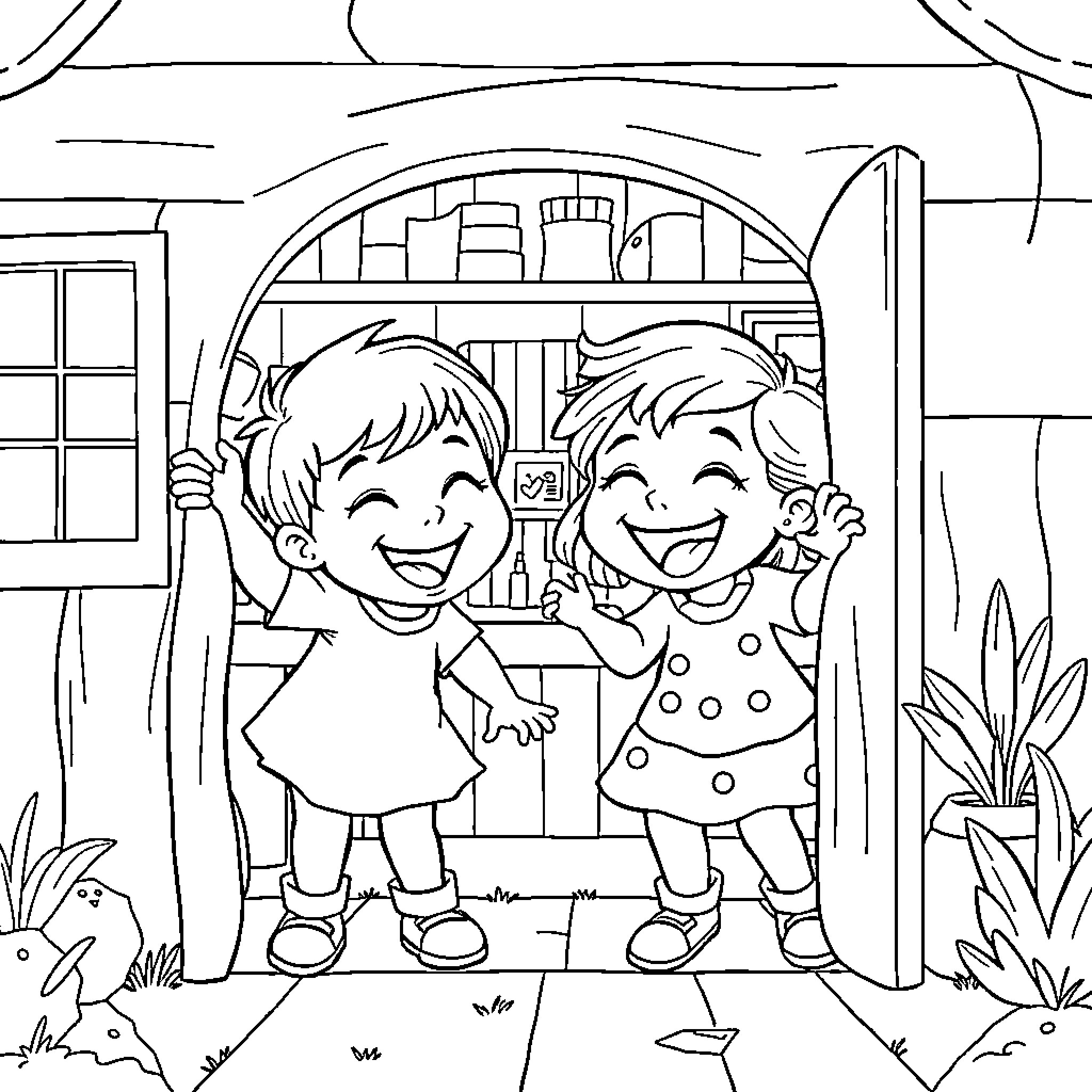 Twin siblings playing happily in front of a home Coloring Page (free black-and-white line drawing printable PDF for all, from beginners to advanced learners, including children, teens, adults, and seniors)