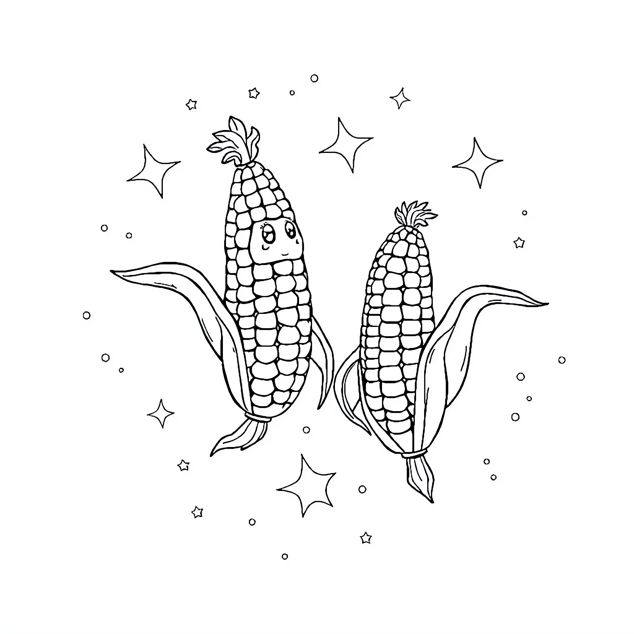 Corn cobs in starry night Coloring Page (free black-and-white line drawing printable PDF for all, from beginners to advanced learners, including children, teens, adults, and seniors)