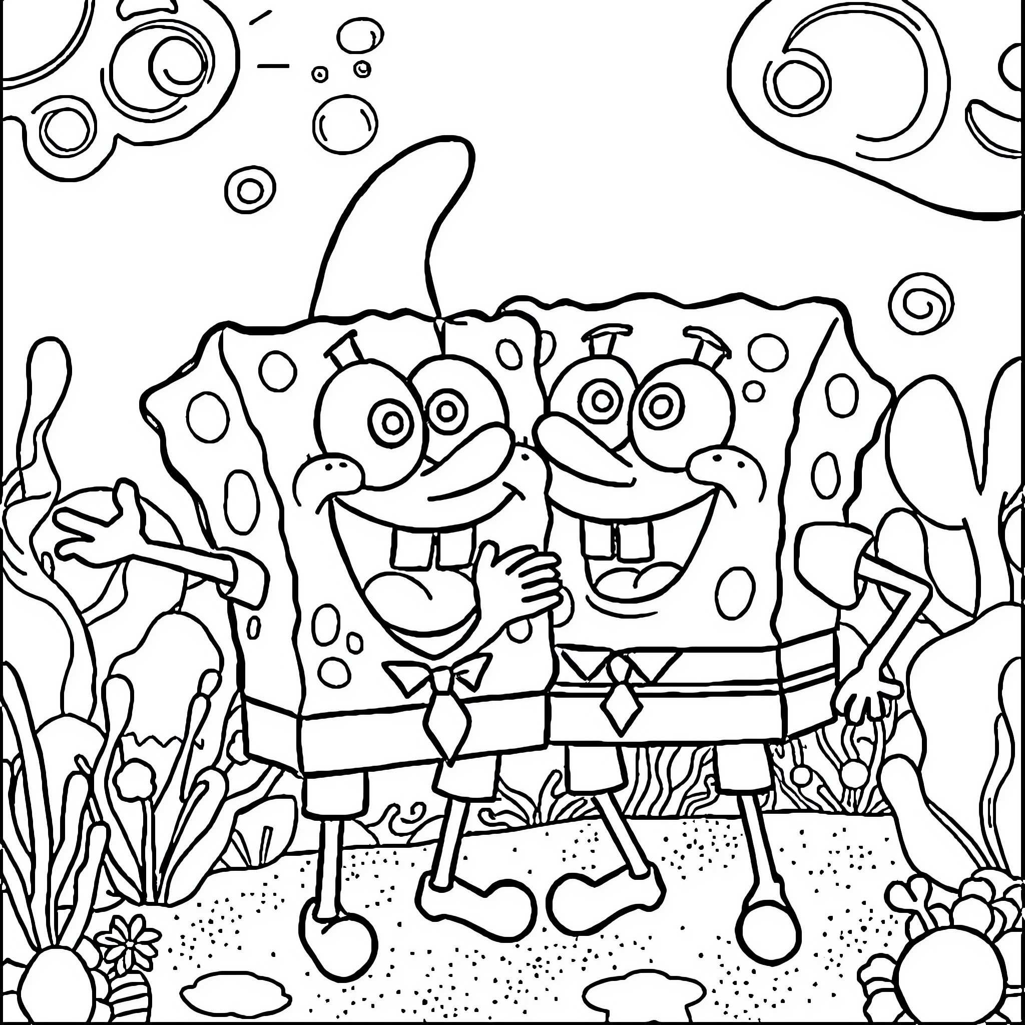 Spongebob and Patrick having a jolly time underwater Coloring Page (free black-and-white line drawing printable PDF for all, from beginners to advanced learners, including children, teens, adults, and seniors)