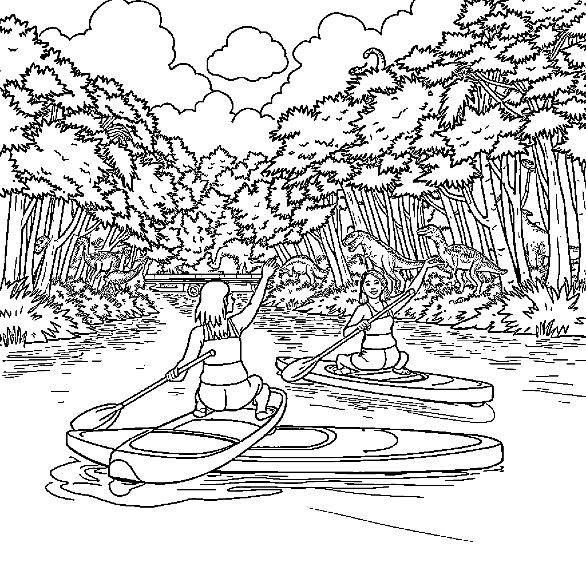 Paddleboarders enjoying a serene outdoor adventure Coloring Page (free black-and-white line drawing printable PDF for all, from beginners to advanced learners, including children, teens, adults, and seniors)