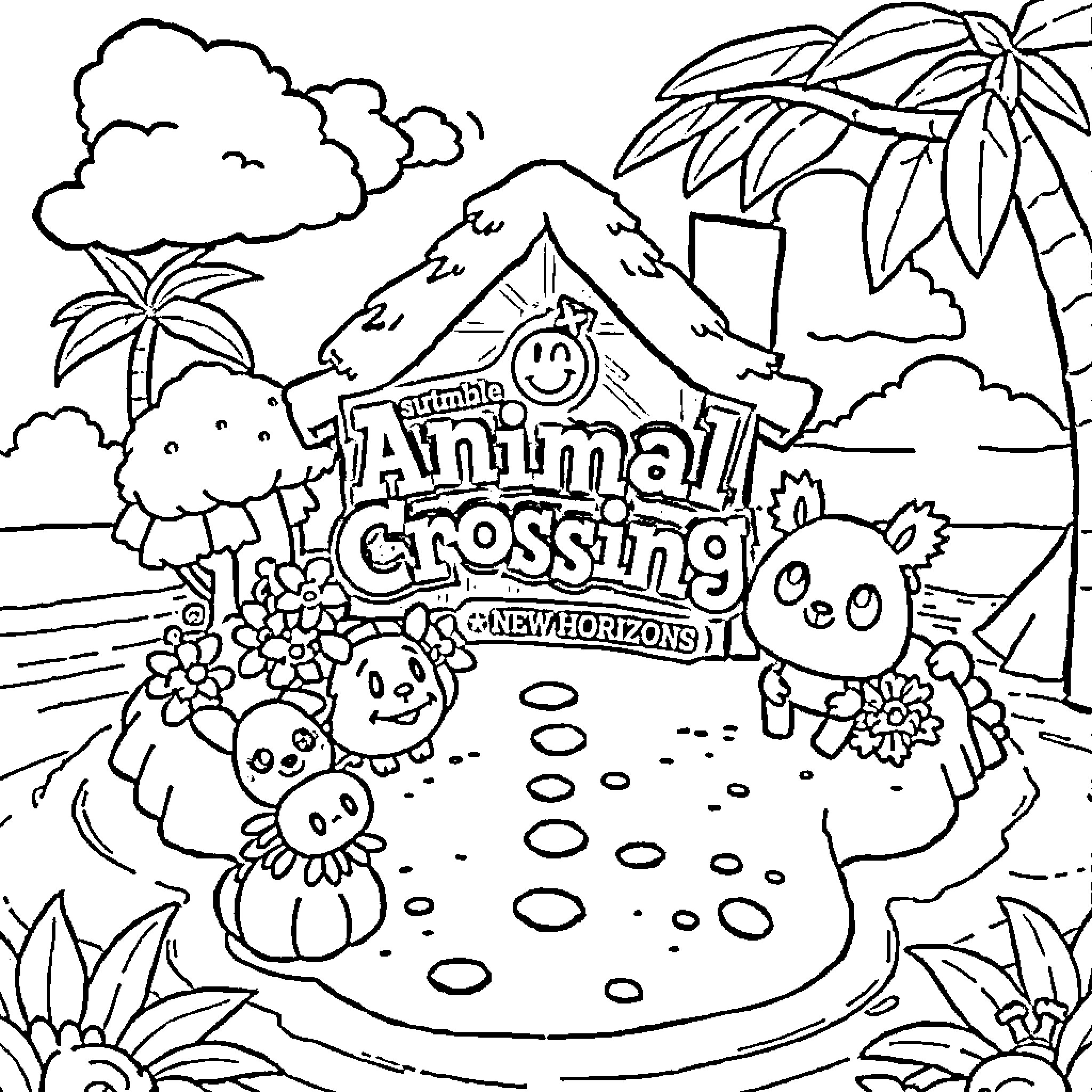 Animal Crossing: Colorful Characters in Tropical Scene Coloring Page (free black-and-white line drawing printable PDF for all, from beginners to advanced learners, including children, teens, adults, and seniors)