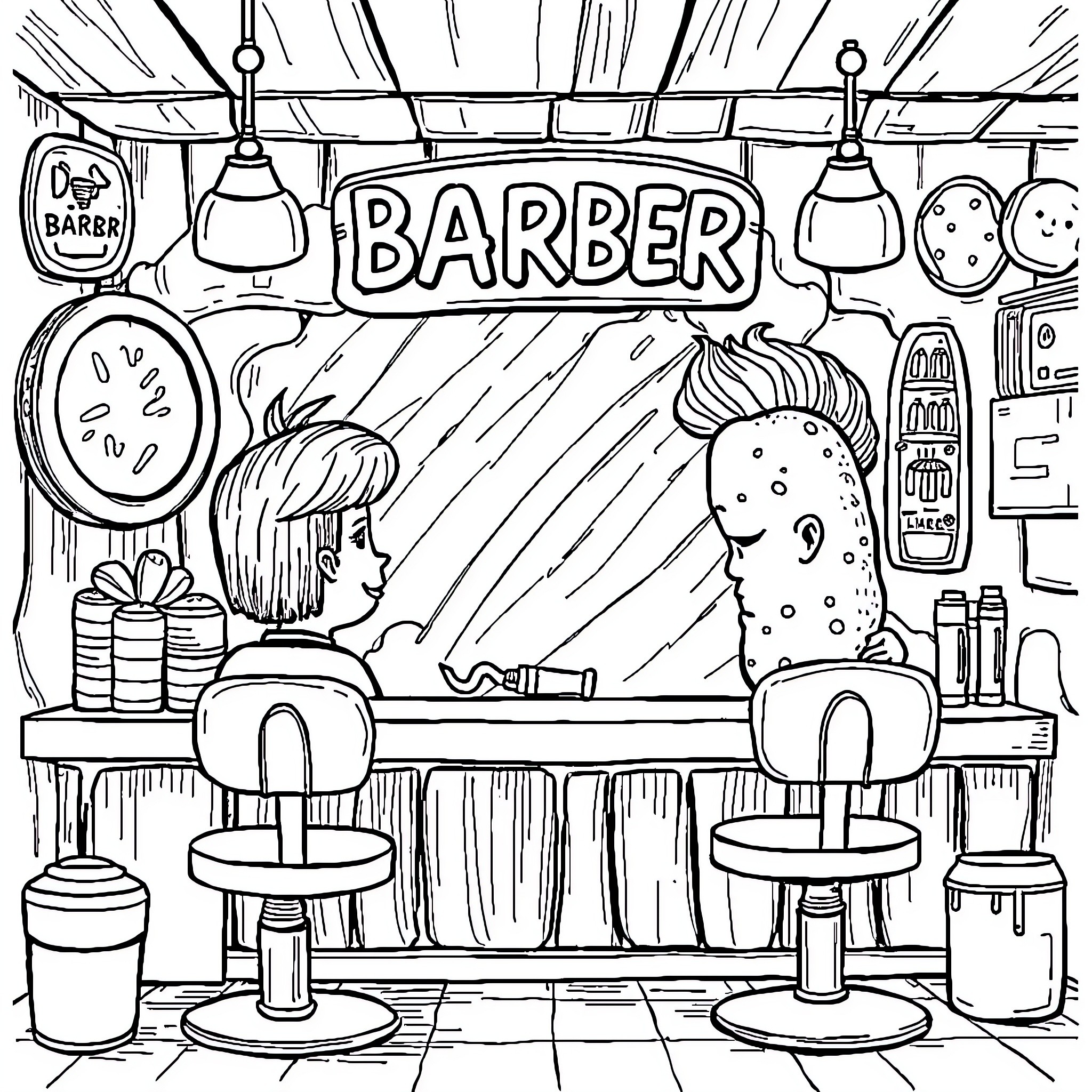 Bread and Butter: A Barber's Playful Scene Coloring Page (free black-and-white line drawing printable PDF for all, from beginners to advanced learners, including children, teens, adults, and seniors)