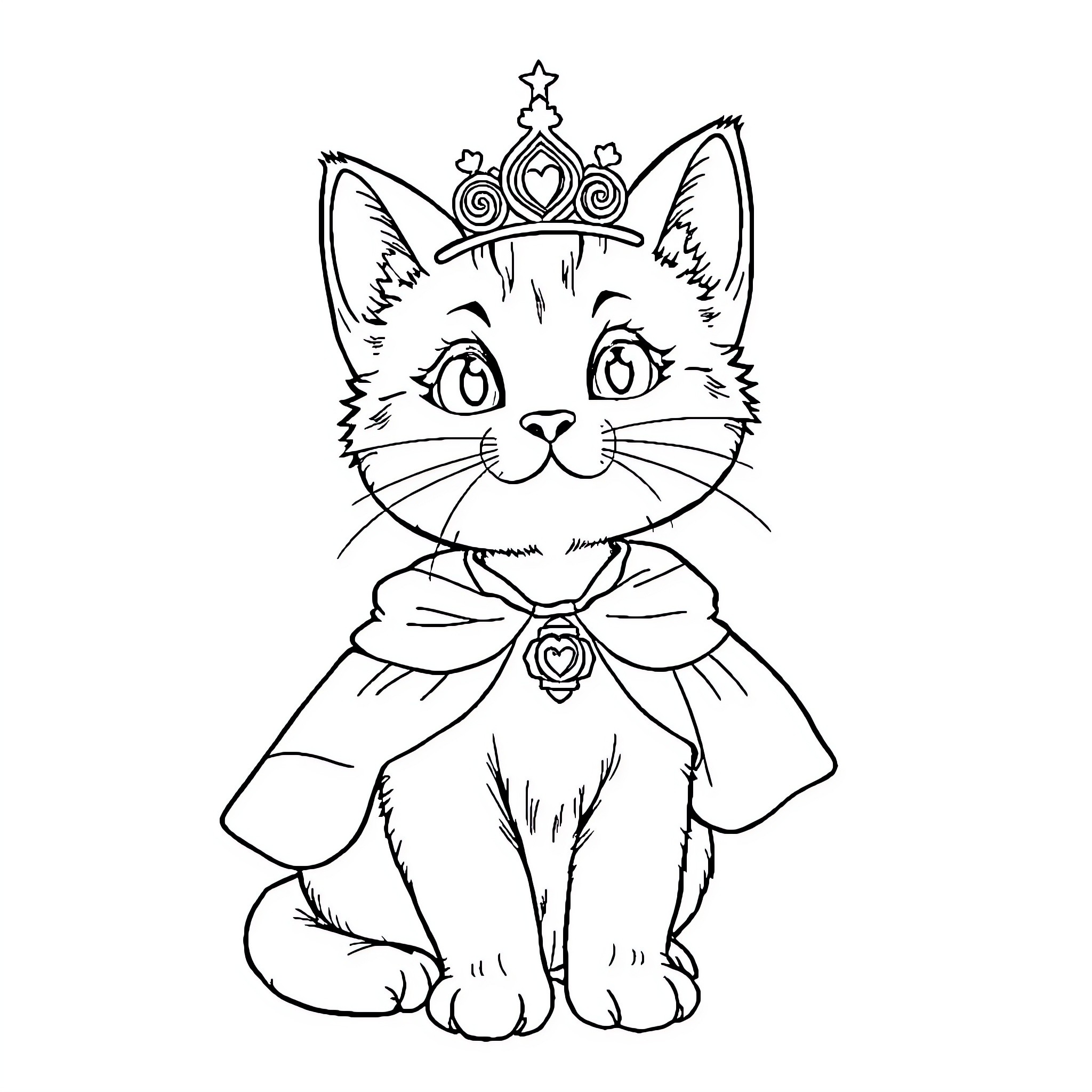 Cat dressed as a princess with crown and bow Coloring Page (free black-and-white line drawing printable PDF for all, from beginners to advanced learners, including children, teens, adults, and seniors)