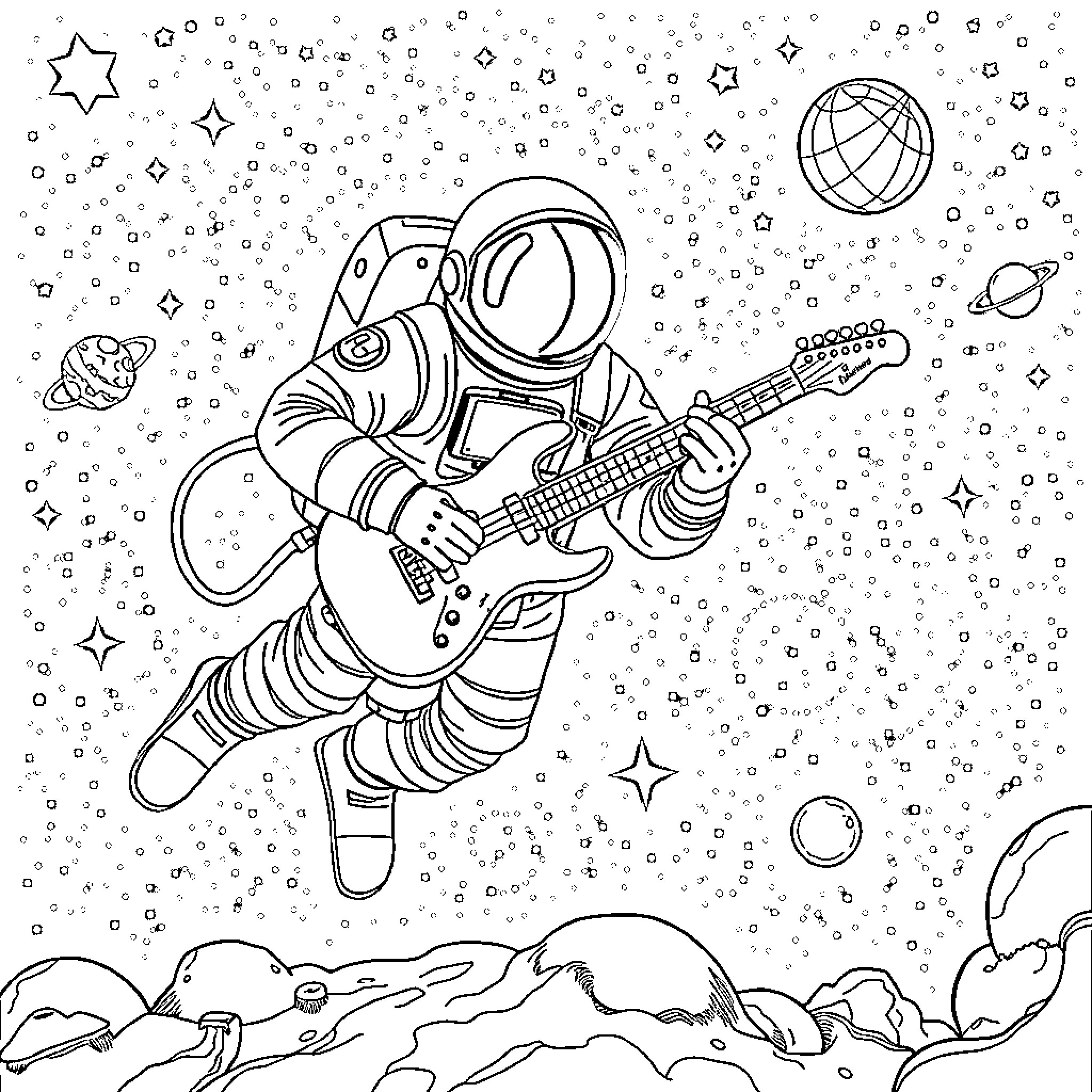 Astronaut playing guitar in space Coloring Page (free black-and-white line drawing printable PDF for all, from beginners to advanced learners, including children, teens, adults, and seniors)