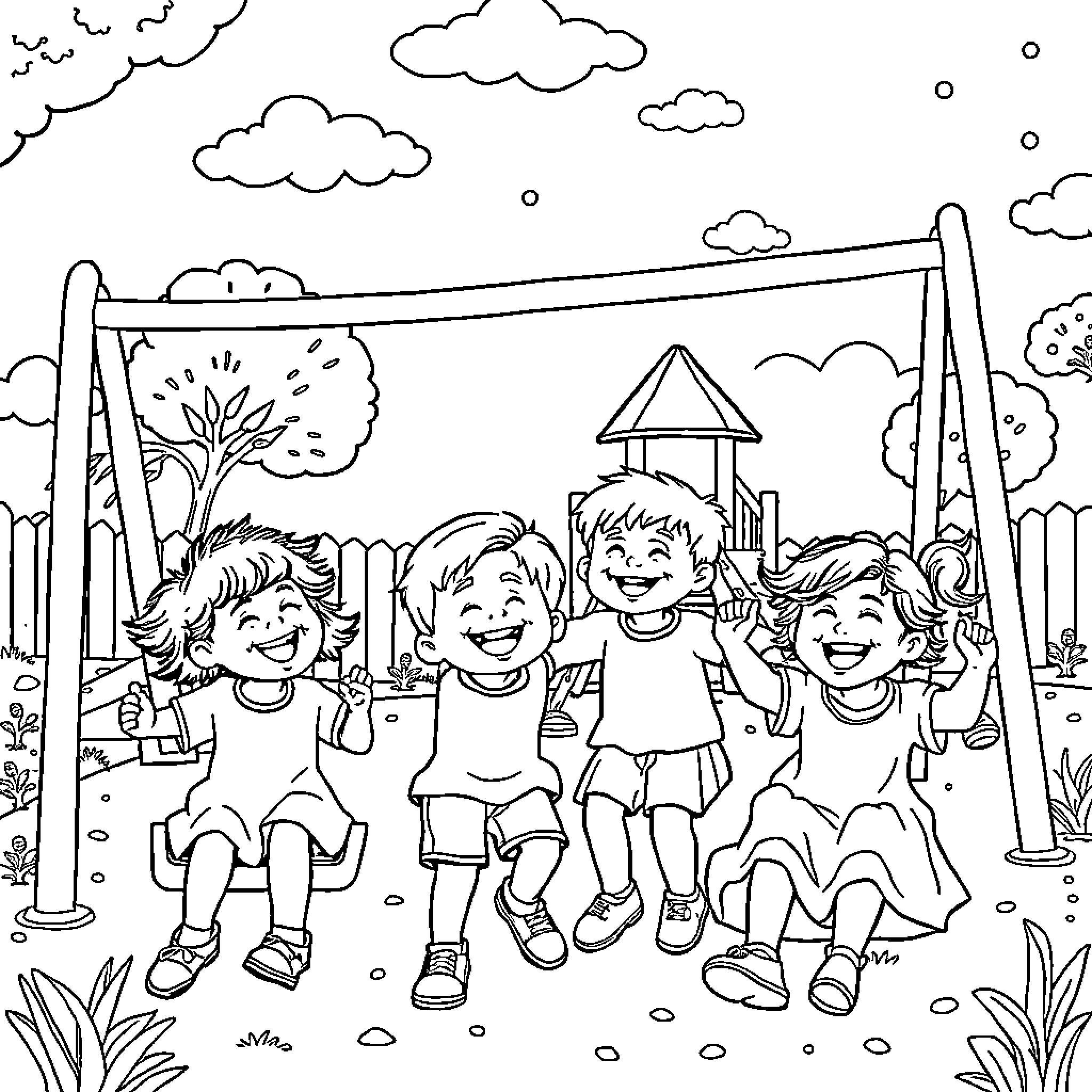 Children playing happily on the playground Coloring Page (free black-and-white line drawing printable PDF for all, from beginners to advanced learners, including children, teens, adults, and seniors)