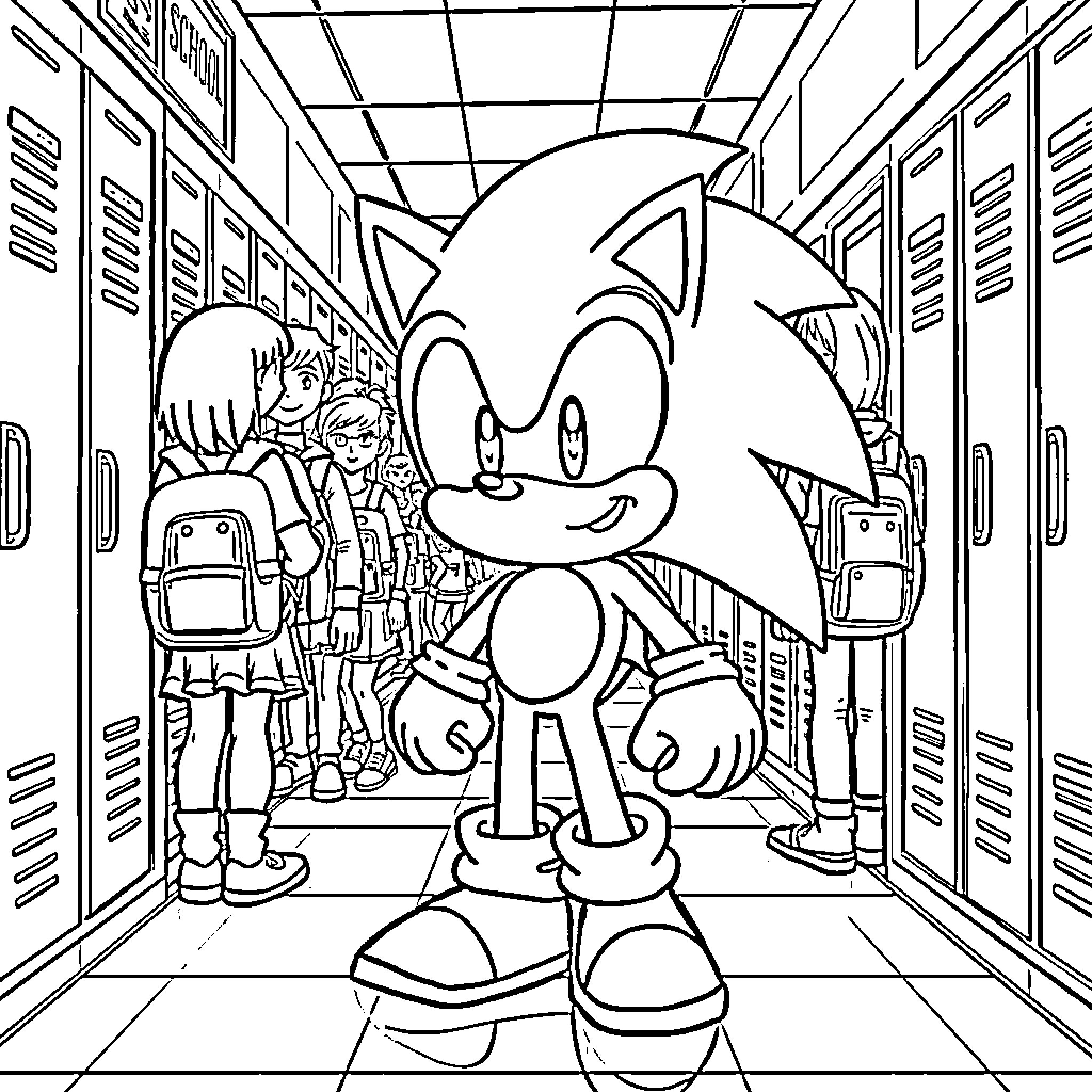 Sonic the Hedgehog in a school hallway Coloring Page (free black-and-white line drawing printable PDF for all, from beginners to advanced learners, including children, teens, adults, and seniors)