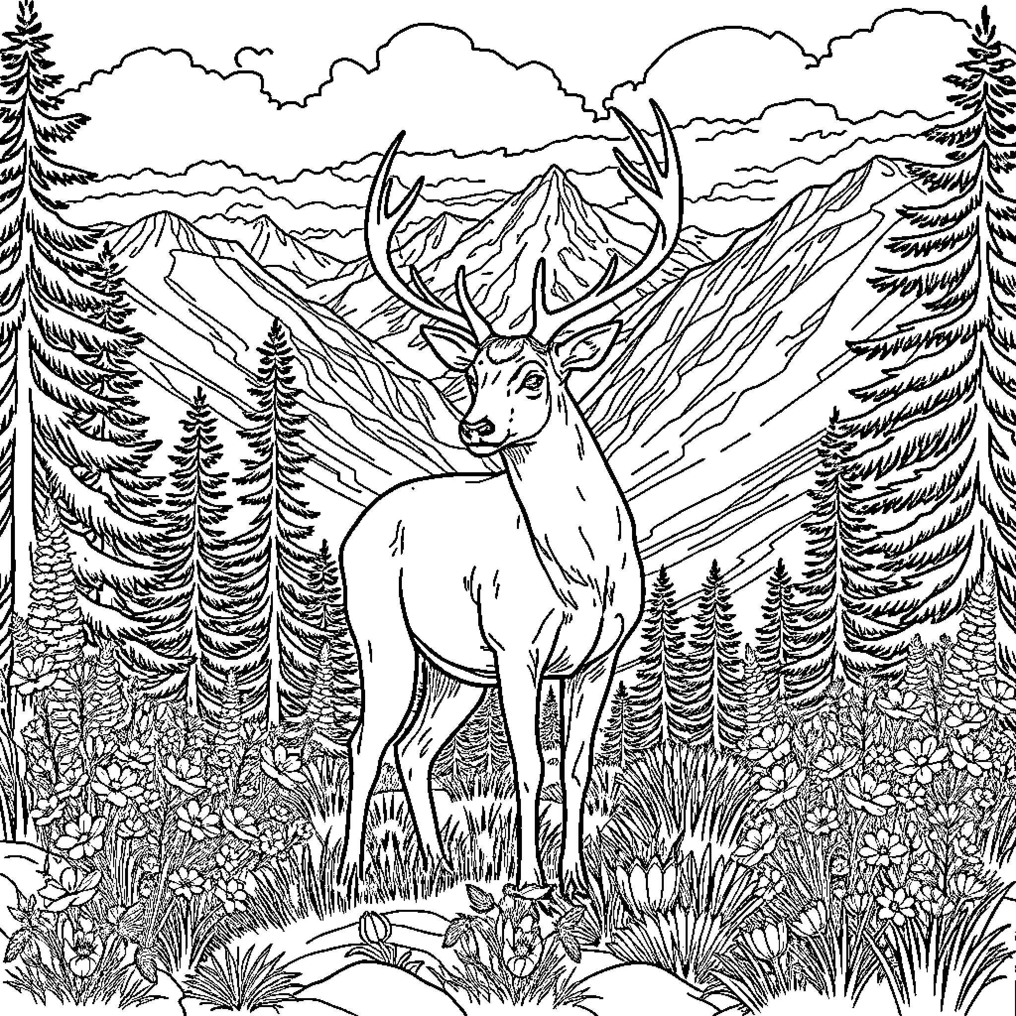 Mule Deer standing majestically in the mountainous wilderness Coloring Page (free black-and-white line drawing printable PDF for all, from beginners to advanced learners, including children, teens, adults, and seniors)