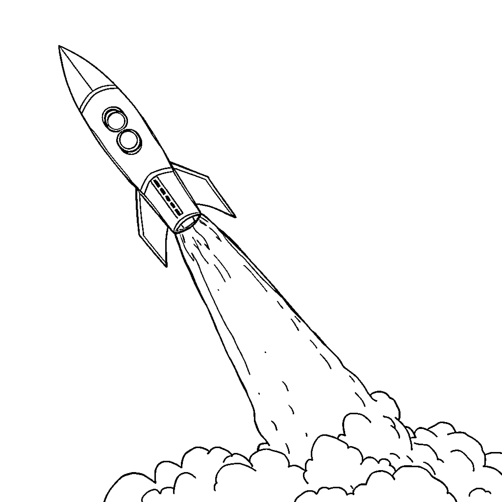 Rocket launching into the sky Coloring Page (free black-and-white line drawing printable PDF for all, from beginners to advanced learners, including children, teens, adults, and seniors)