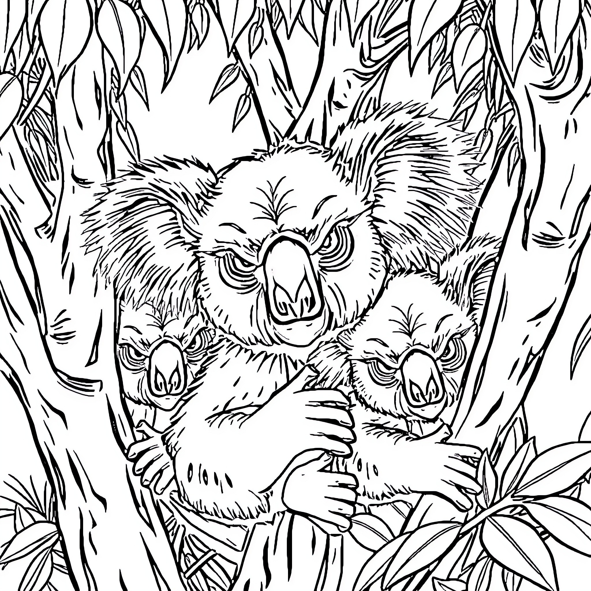 Koala family in dense forest Coloring Page (free black-and-white line drawing printable PDF for all, from beginners to advanced learners, including children, teens, adults, and seniors)