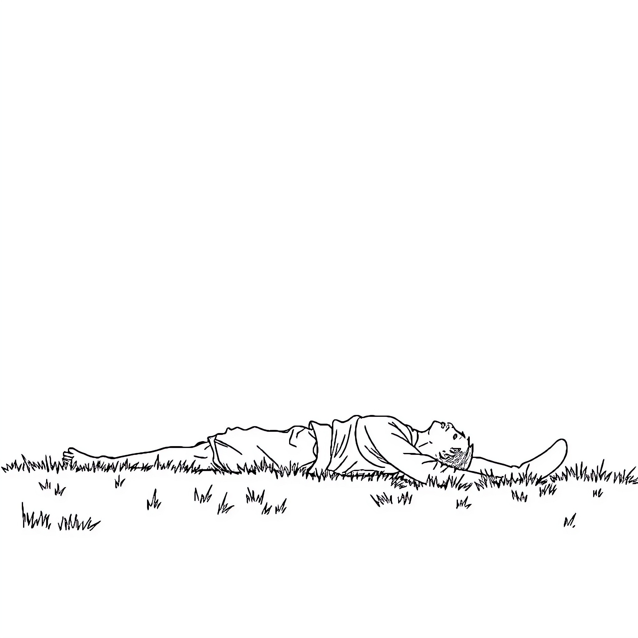 Man resting peacefully in grassy field Coloring Page (free black-and-white line drawing printable PDF for all, from beginners to advanced learners, including children, teens, adults, and seniors)