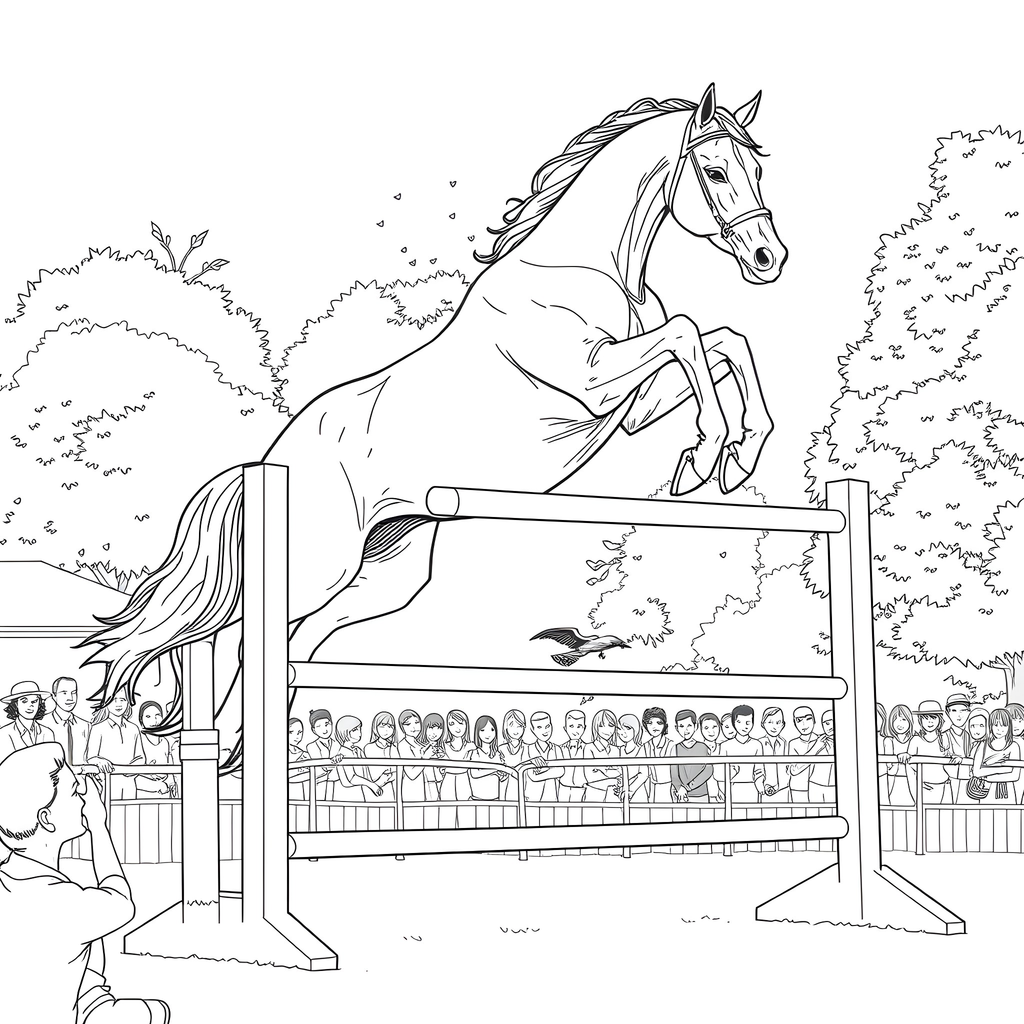 Horse jumping over hurdle at equestrian event Coloring Page (free black-and-white line drawing printable PDF for all, from beginners to advanced learners, including children, teens, adults, and seniors)
