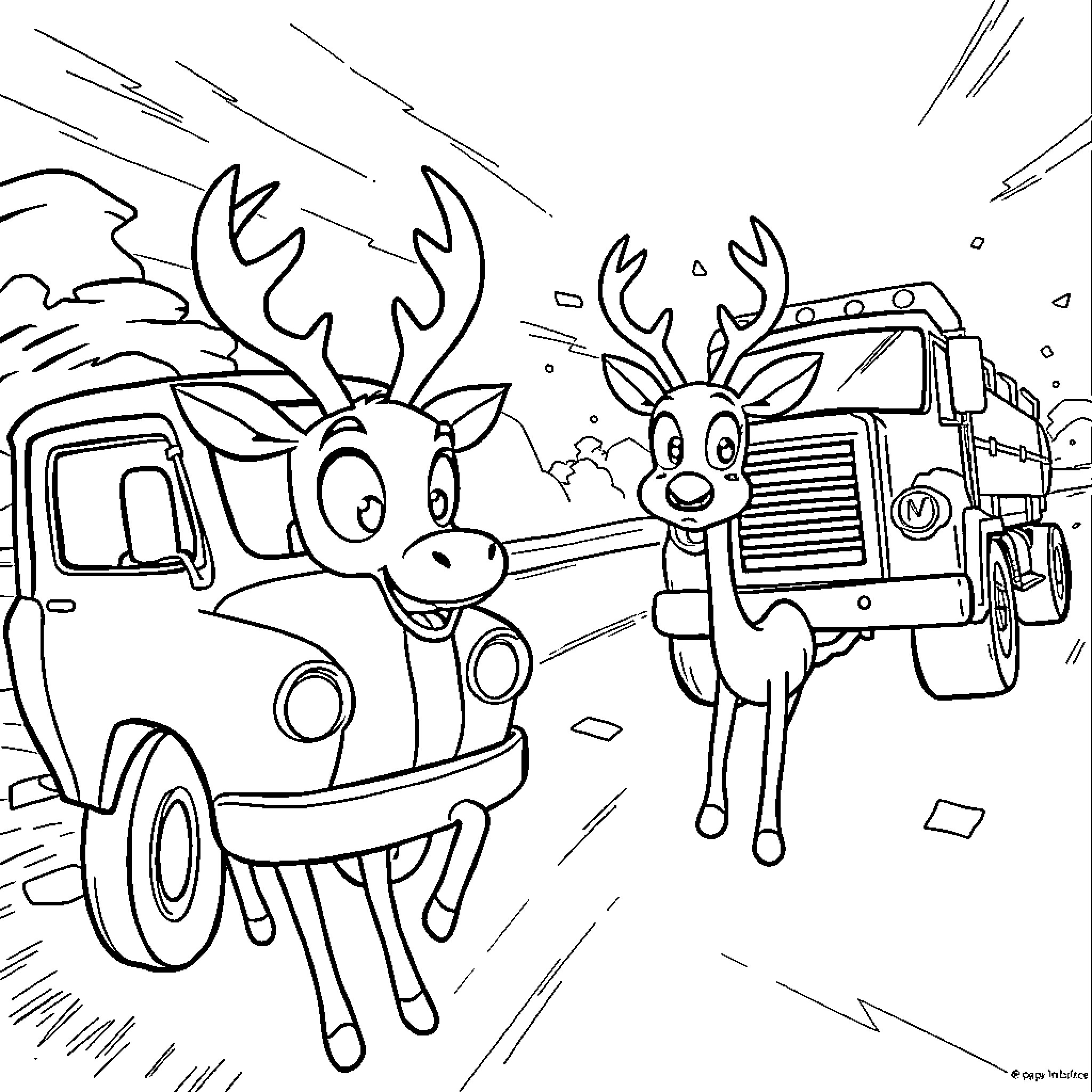 Truck with Reindeer Pulling Trailer in Winter Scene Coloring Page (free black-and-white line drawing printable PDF for all, from beginners to advanced learners, including children, teens, adults, and seniors)