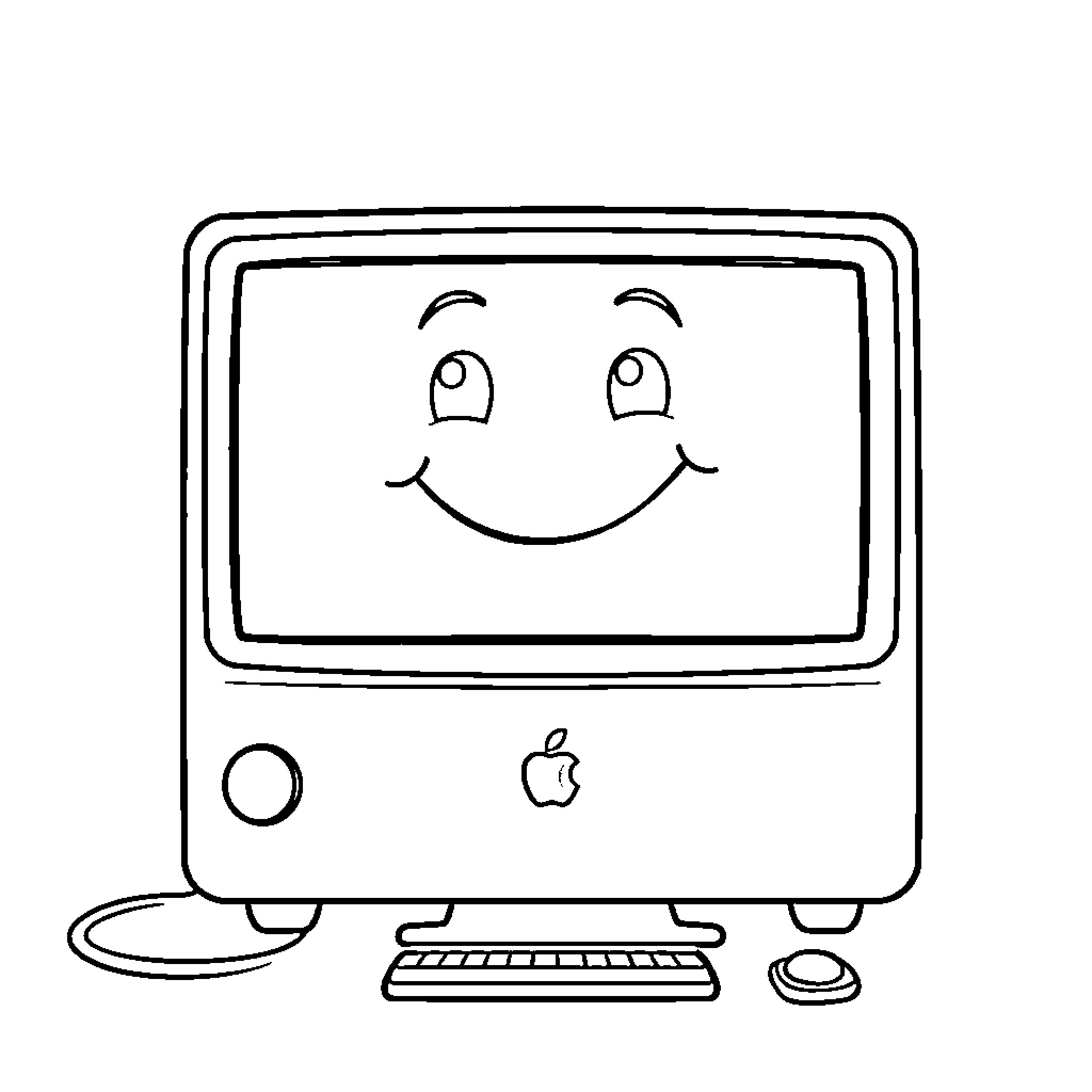 Big Macintosh computer with smiling display Coloring Page (free black-and-white line drawing printable PDF for all, from beginners to advanced learners, including children, teens, adults, and seniors)