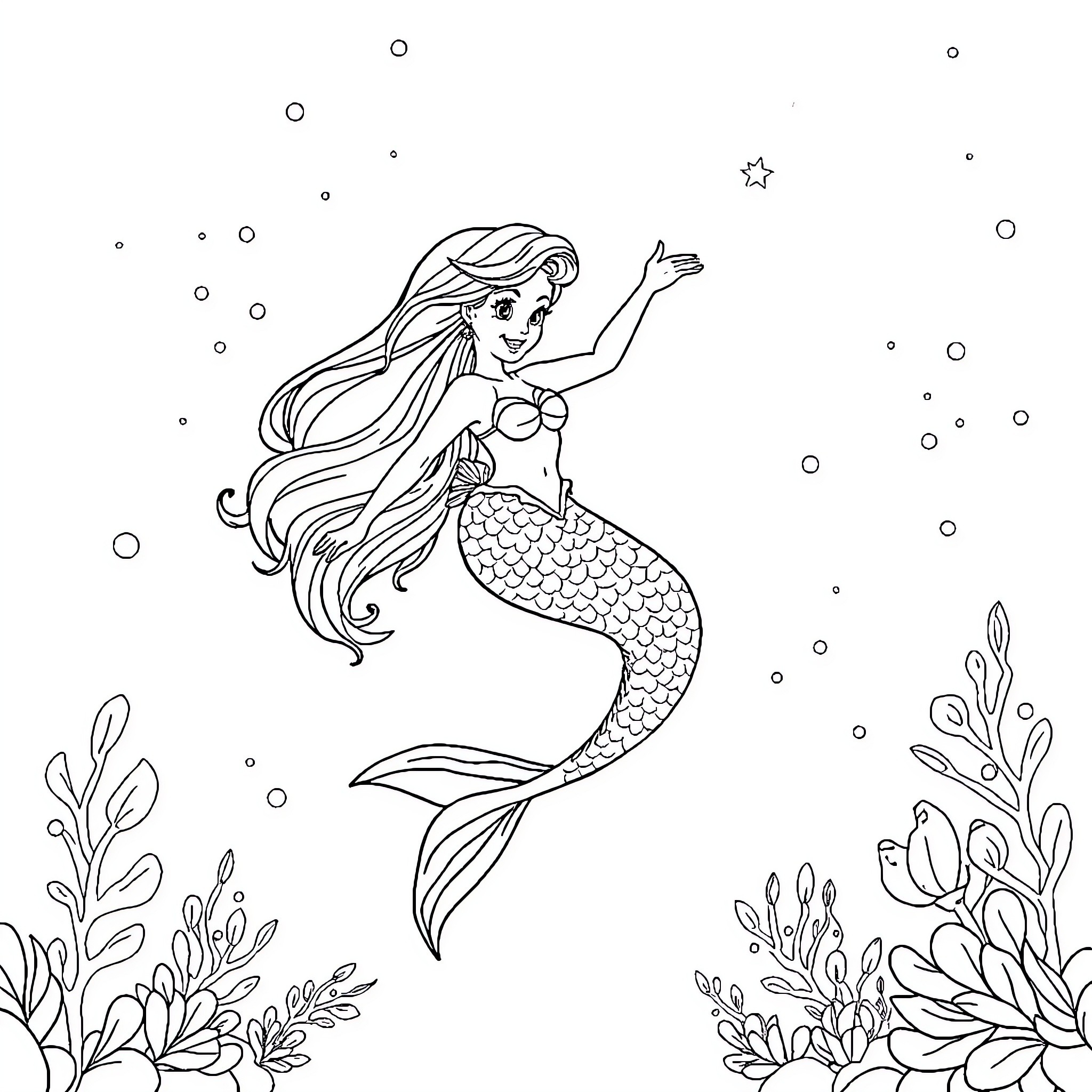 Mermaid swimming gracefully through the underwater world Coloring Page (free black-and-white line drawing printable PDF for all, from beginners to advanced learners, including children, teens, adults, and seniors)