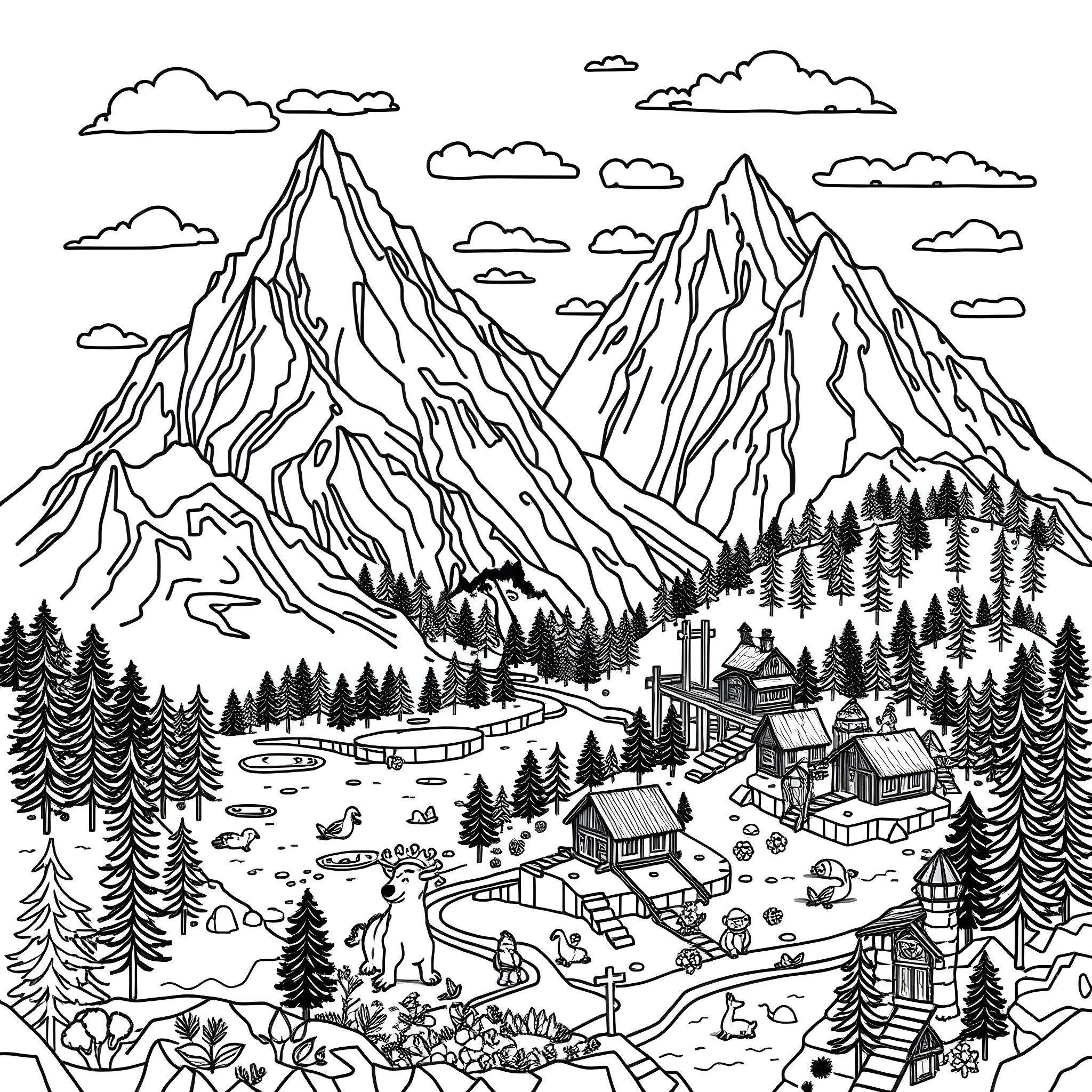 Minecraft mountain village scene with pine trees Coloring Page (free black-and-white line drawing printable PDF for all, from beginners to advanced learners, including children, teens, adults, and seniors)