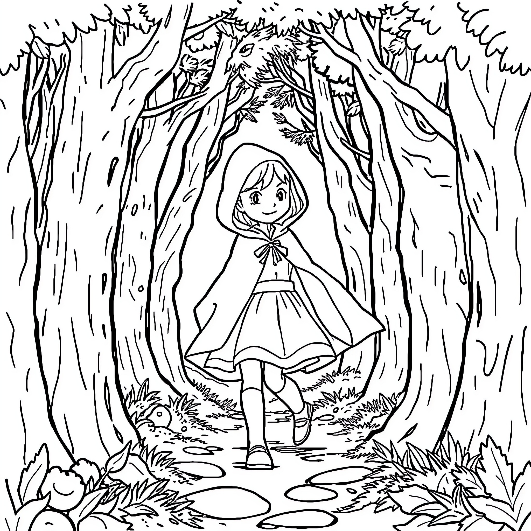 Little Red Riding Hood walking through the forest Coloring Page (free black-and-white line drawing printable PDF for all, from beginners to advanced learners, including children, teens, adults, and seniors)