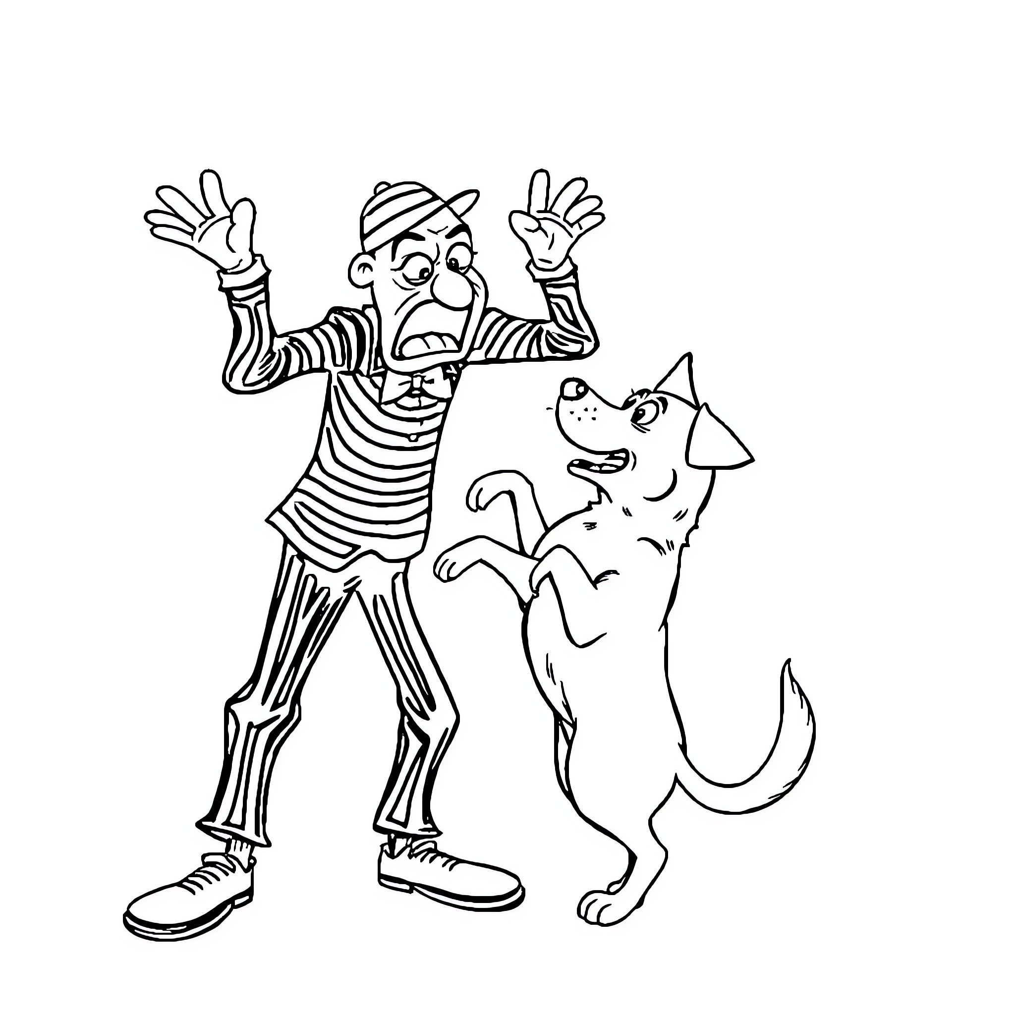 Dog Playing Happily with Animated Companion Coloring Page (free black-and-white line drawing printable PDF for all, from beginners to advanced learners, including children, teens, adults, and seniors)