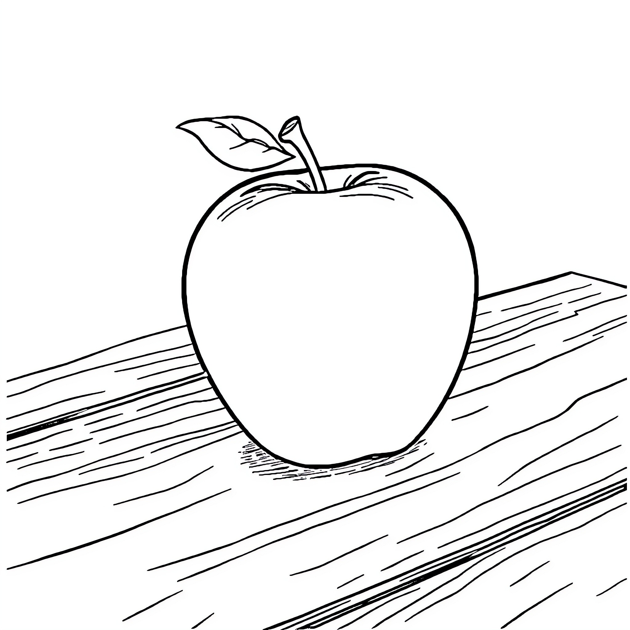 Apple on wooden table Coloring Page (free black-and-white line drawing printable PDF for all, from beginners to advanced learners, including children, teens, adults, and seniors)