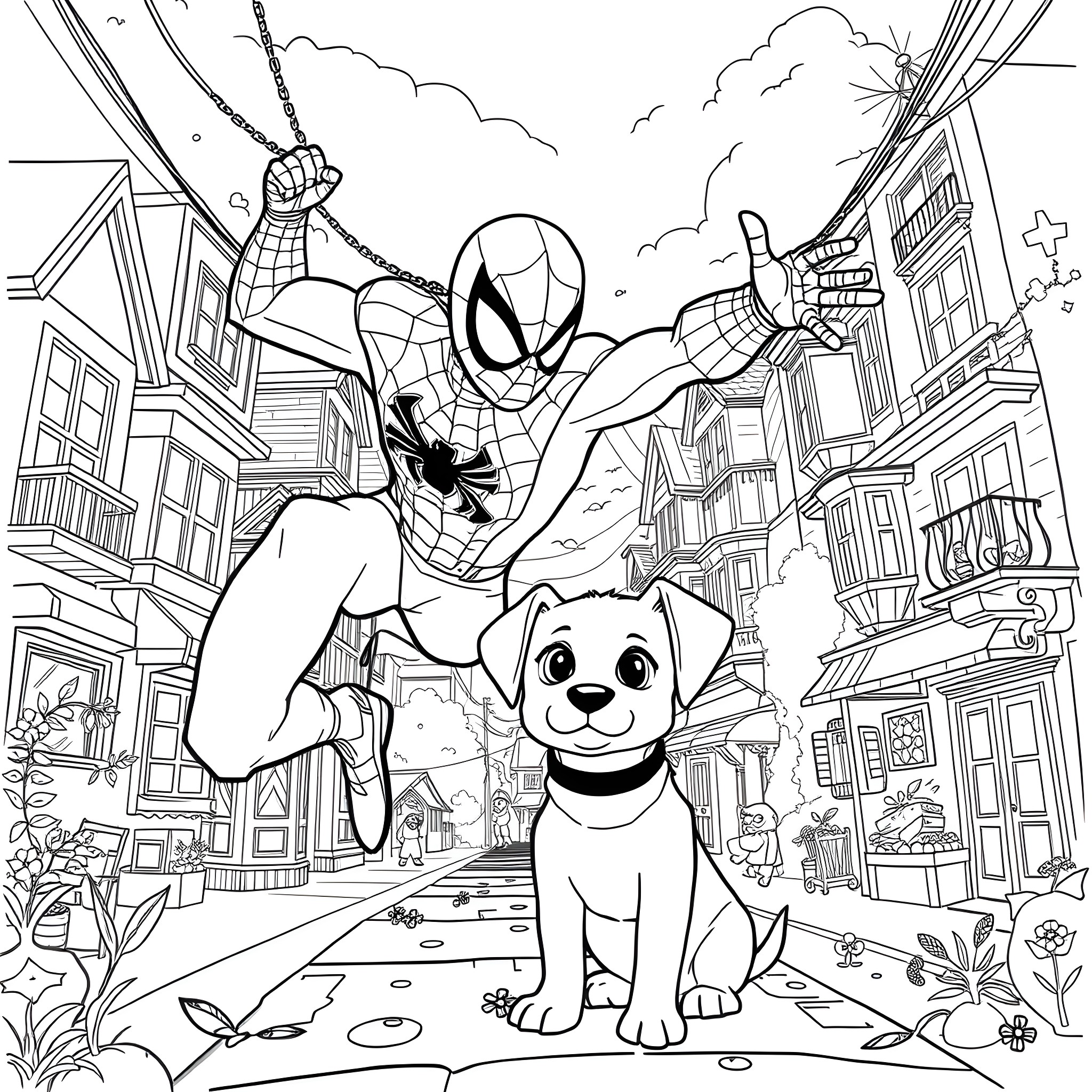 Spiderman swinging with his pet dog in the city Coloring Page (free black-and-white line drawing printable PDF for all, from beginners to advanced learners, including children, teens, adults, and seniors)