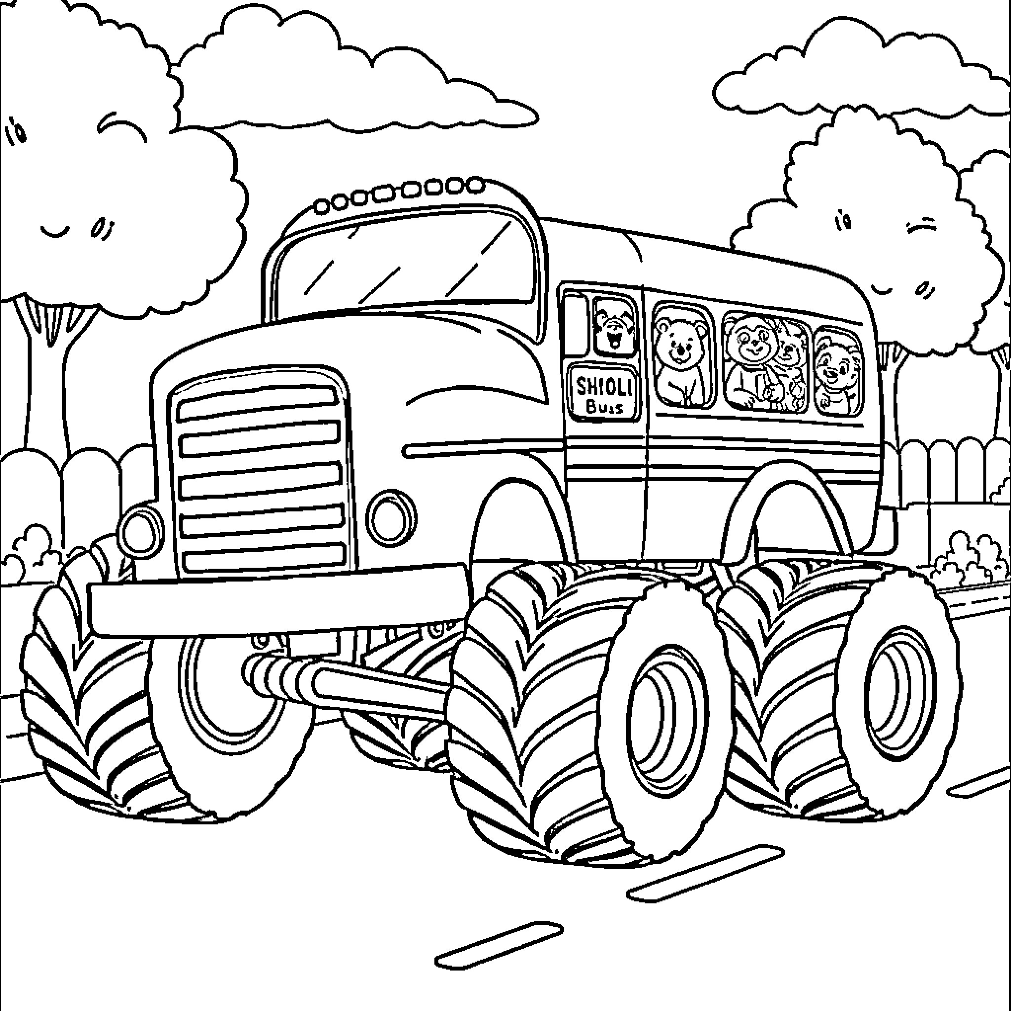 Monster Truck Carrying Children on a Field Trip Coloring Page (free black-and-white line drawing printable PDF for all, from beginners to advanced learners, including children, teens, adults, and seniors)