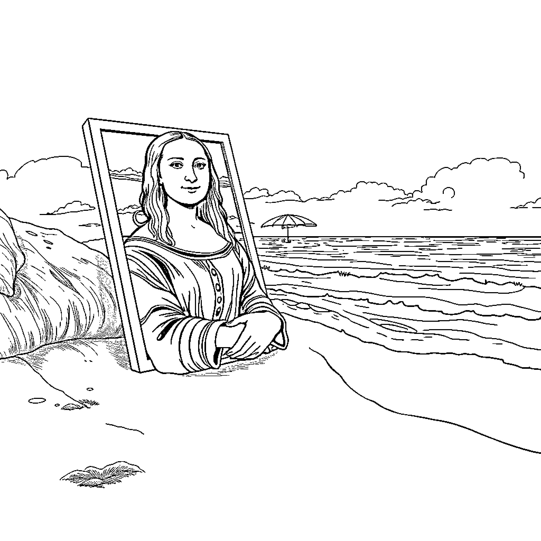 Mona Lisa on the Beach Coloring Page (free black-and-white line drawing printable PDF for all, from beginners to advanced learners, including children, teens, adults, and seniors)