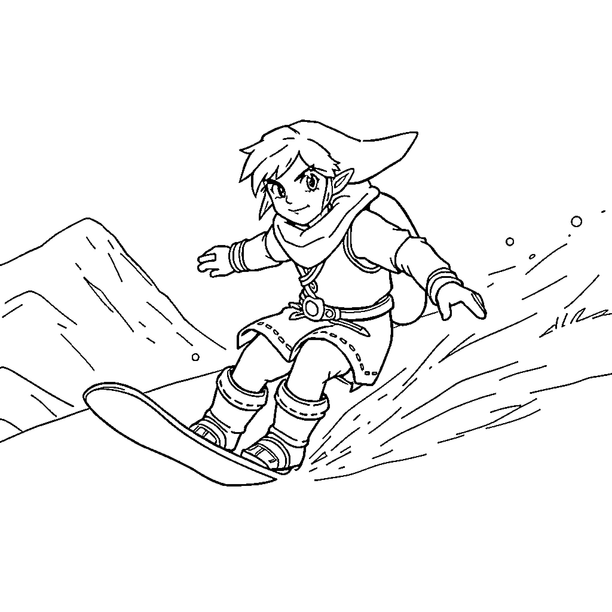 Link snowboarding down a snowy mountain Coloring Page (free black-and-white line drawing printable PDF for all, from beginners to advanced learners, including children, teens, adults, and seniors)