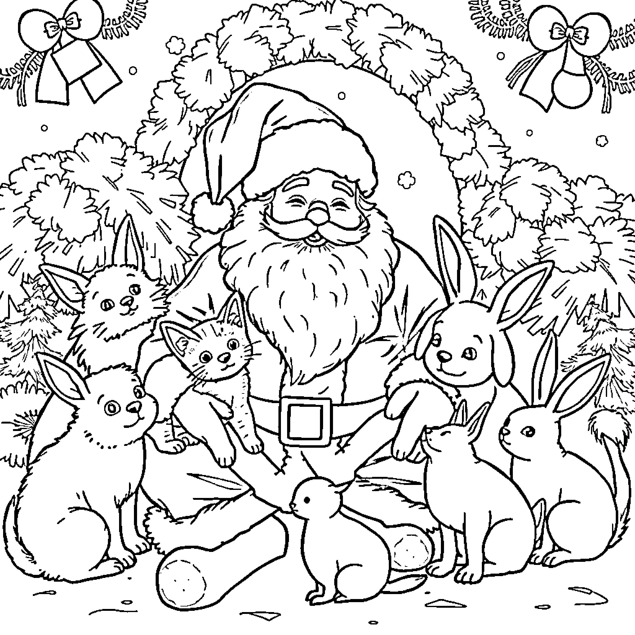 Santa and his animal friends in the snowy forest Coloring Page (free black-and-white line drawing printable PDF for all, from beginners to advanced learners, including children, teens, adults, and seniors)