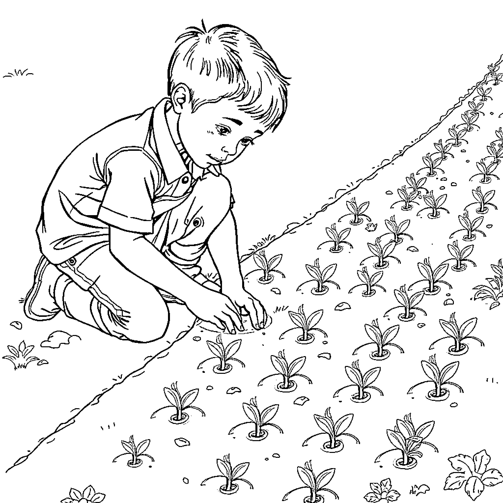 Boy Tending to His Garden of Seedlings Coloring Page (free black-and-white line drawing printable PDF for all, from beginners to advanced learners, including children, teens, adults, and seniors)