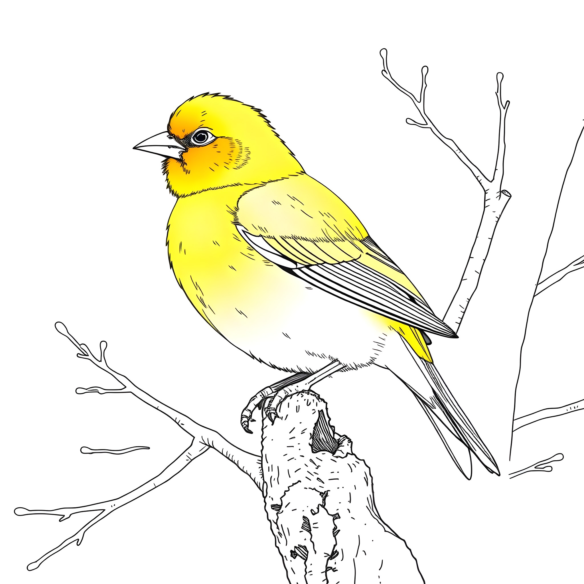 Saffron Finch perched on a branch Coloring Page (free black-and-white line drawing printable PDF for all, from beginners to advanced learners, including children, teens, adults, and seniors)