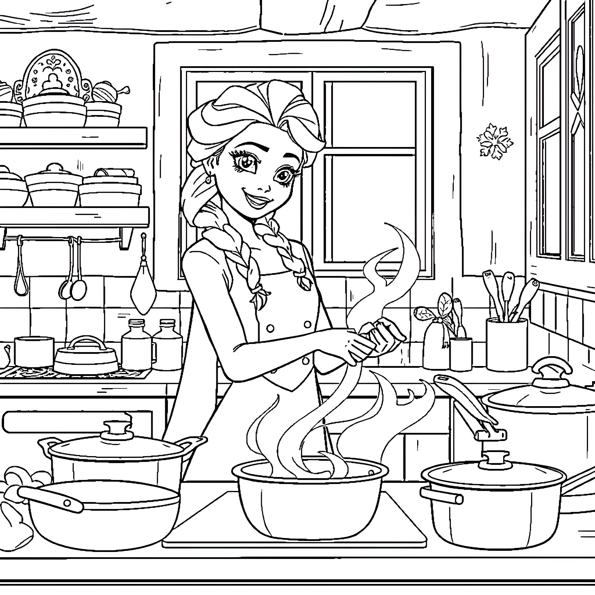 Elsa happily cooking in a cozy kitchen Coloring Page (free black-and-white line drawing printable PDF for all, from beginners to advanced learners, including children, teens, adults, and seniors)