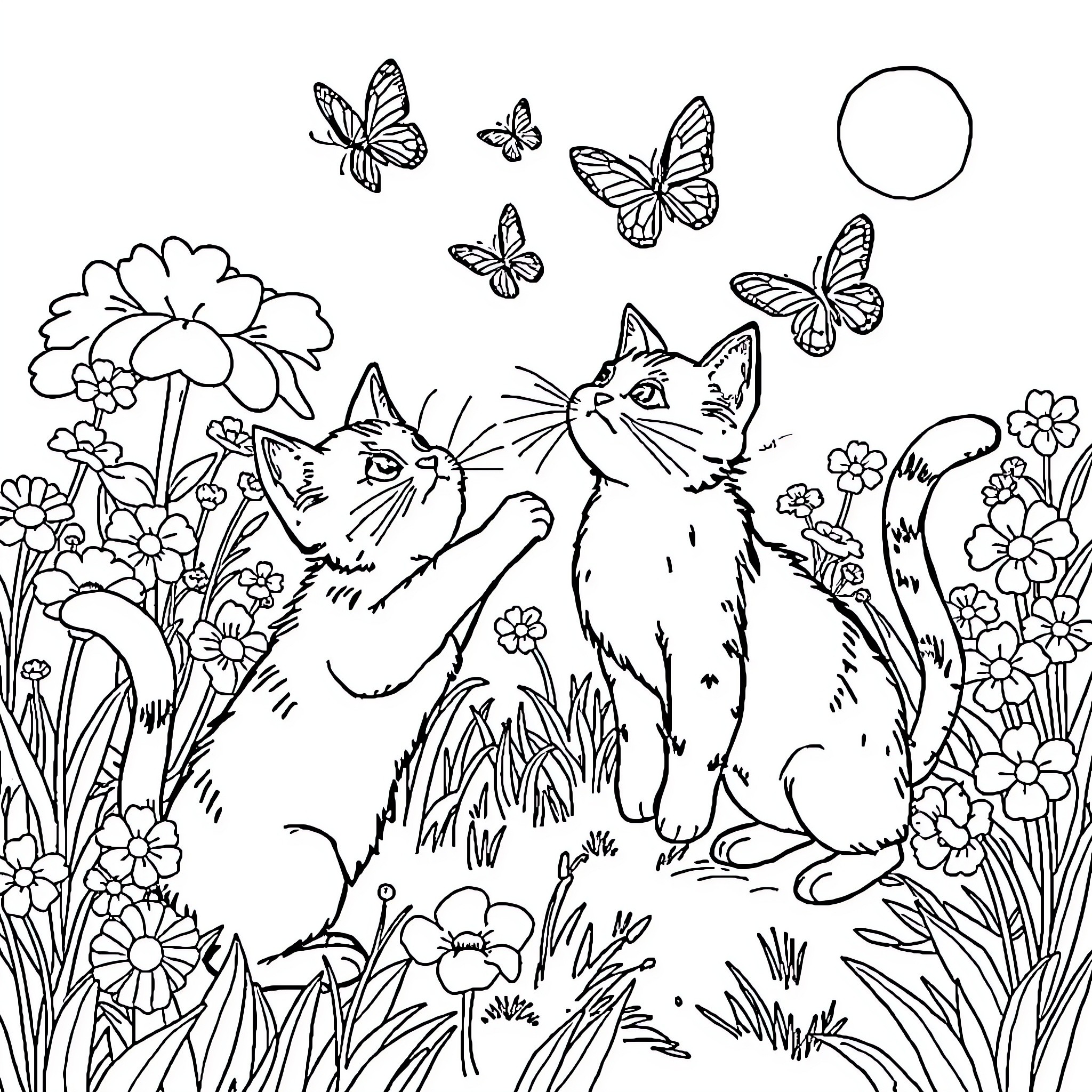 Cats playing in a flower garden with butterflies Coloring Page (free black-and-white line drawing printable PDF for all, from beginners to advanced learners, including children, teens, adults, and seniors)