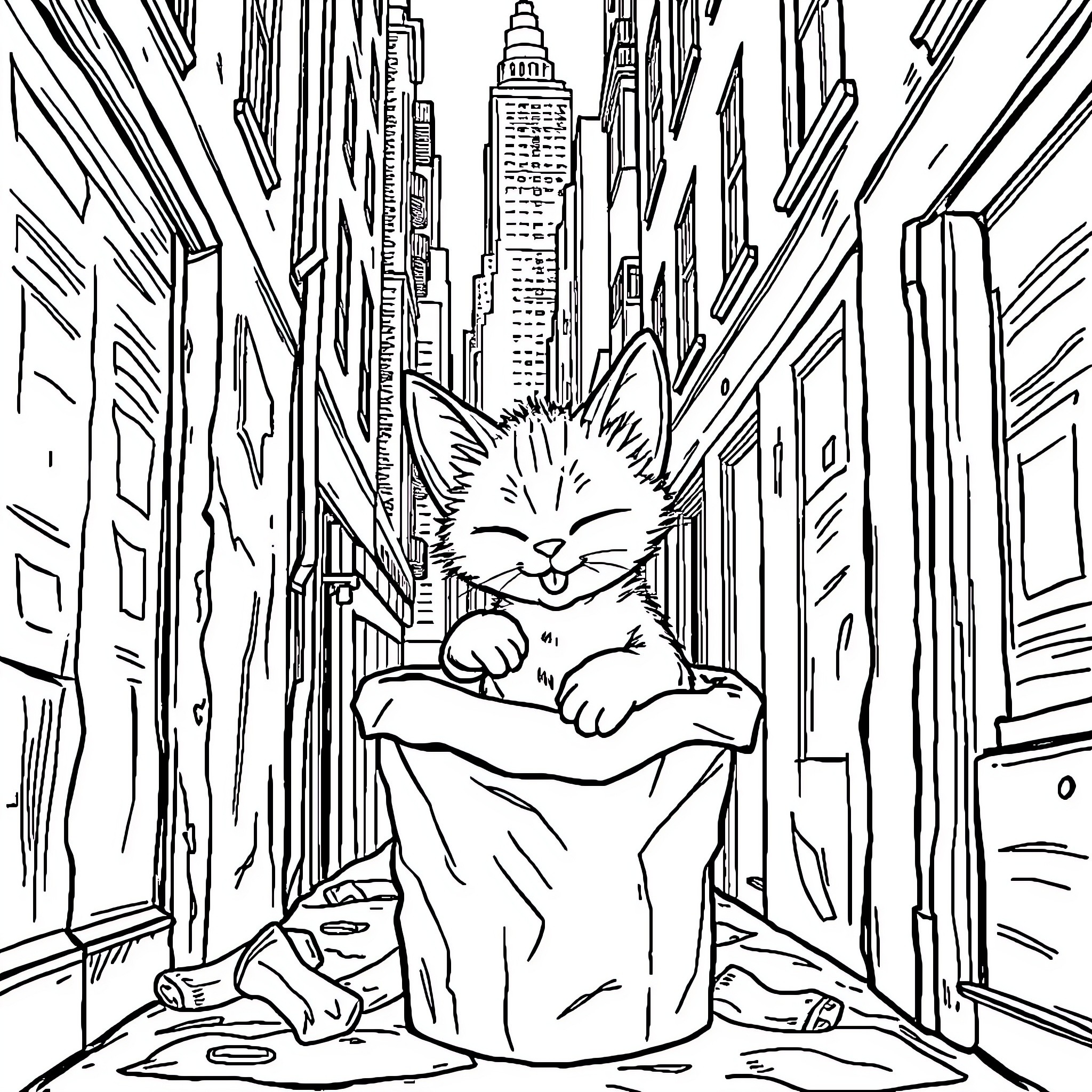 Cat resting peacefully in the urban cityscape Coloring Page (free black-and-white line drawing printable PDF for all, from beginners to advanced learners, including children, teens, adults, and seniors)