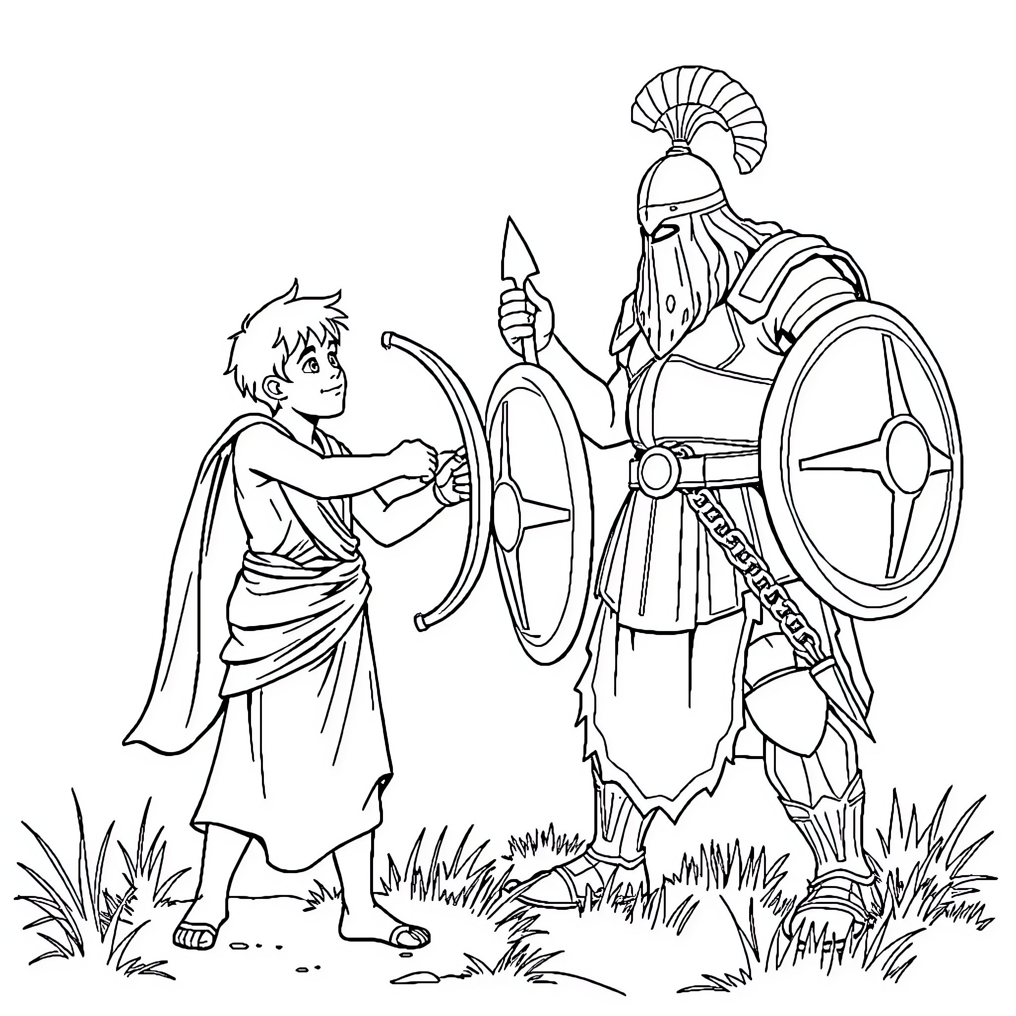 David and Goliath - Warrior and Young Challenger Facing Off Coloring Page (free black-and-white line drawing printable PDF for all, from beginners to advanced learners, including children, teens, adults, and seniors)