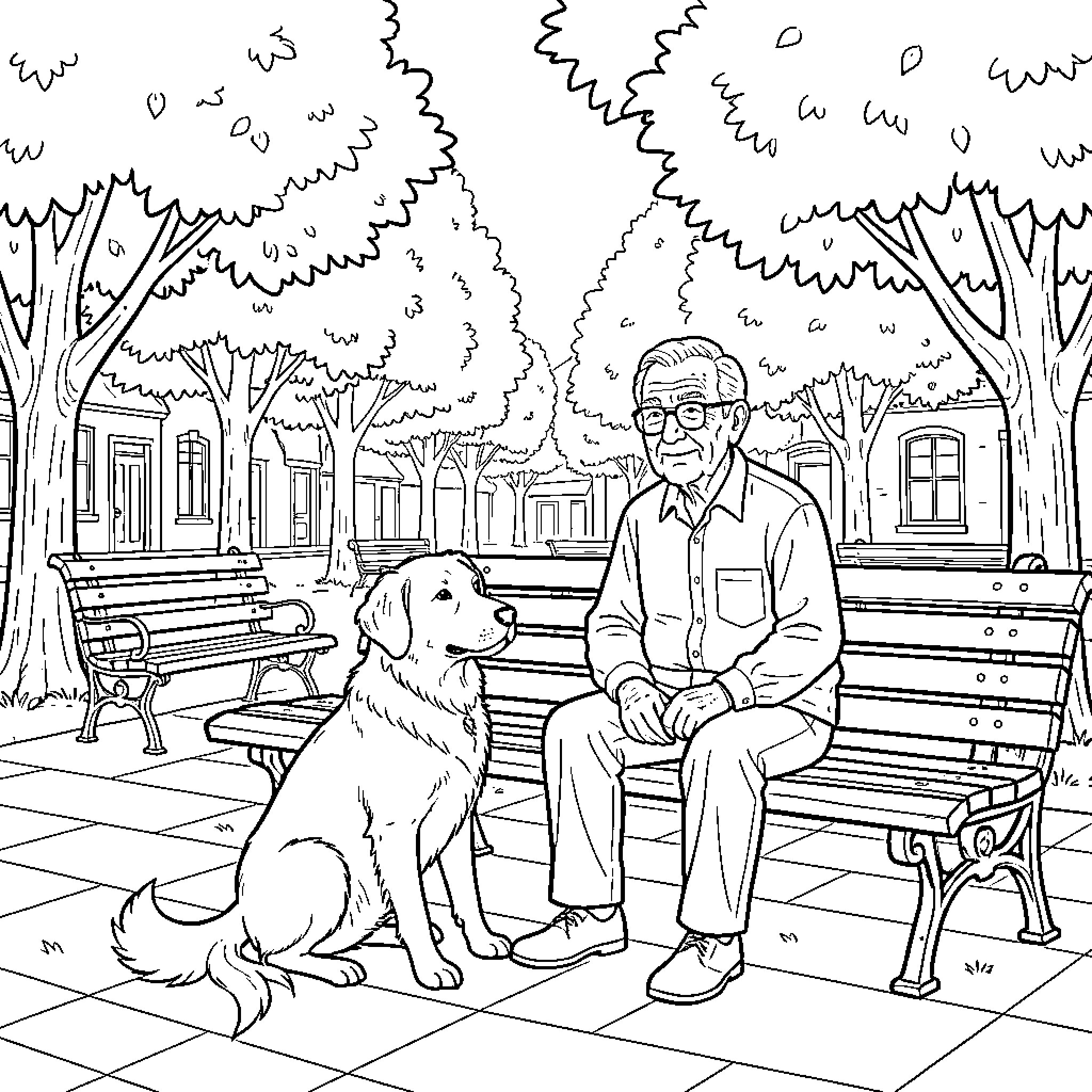 Dog sitting loyally beside an elderly man on a bench Coloring Page (free black-and-white line drawing printable PDF for all, from beginners to advanced learners, including children, teens, adults, and seniors)