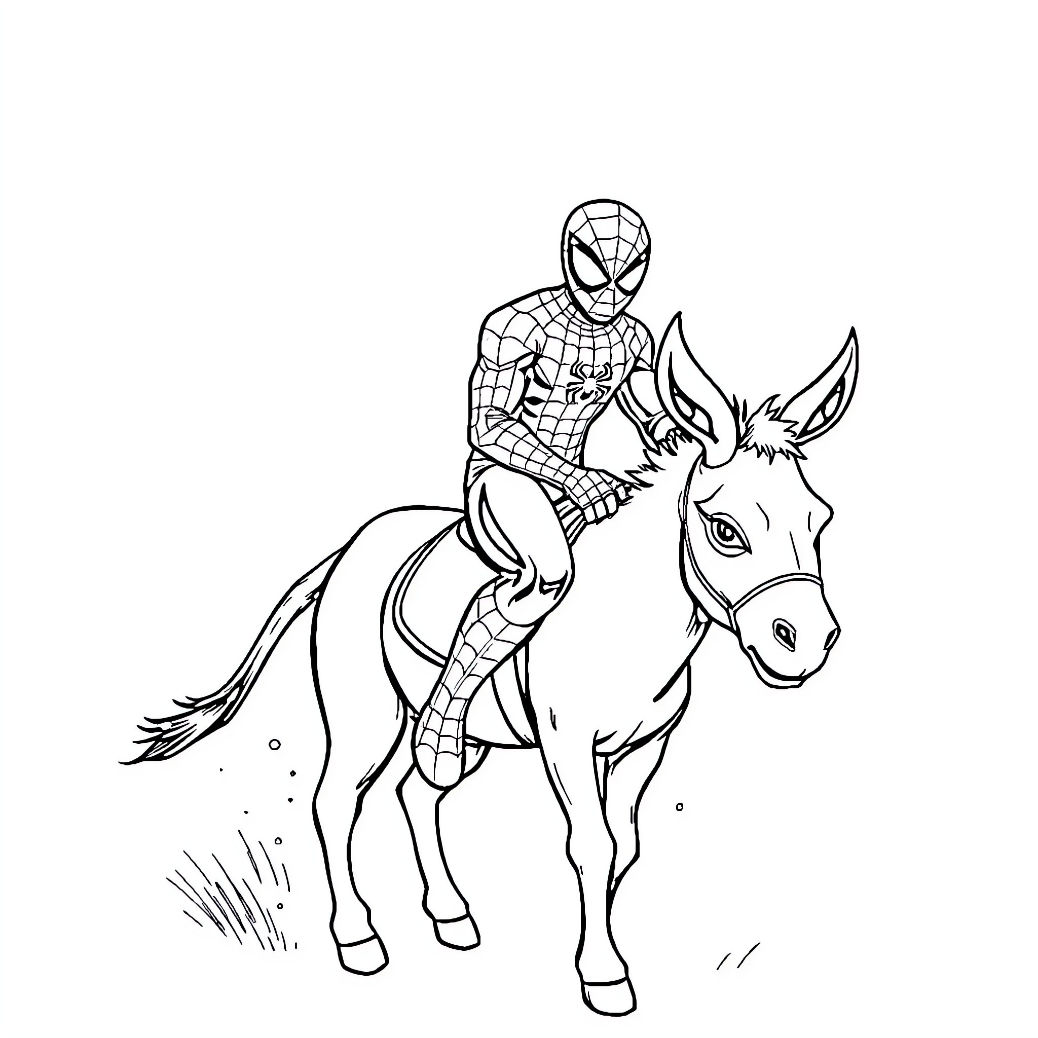 Spiderman riding a horse through the countryside Coloring Page (free black-and-white line drawing printable PDF for all, from beginners to advanced learners, including children, teens, adults, and seniors)