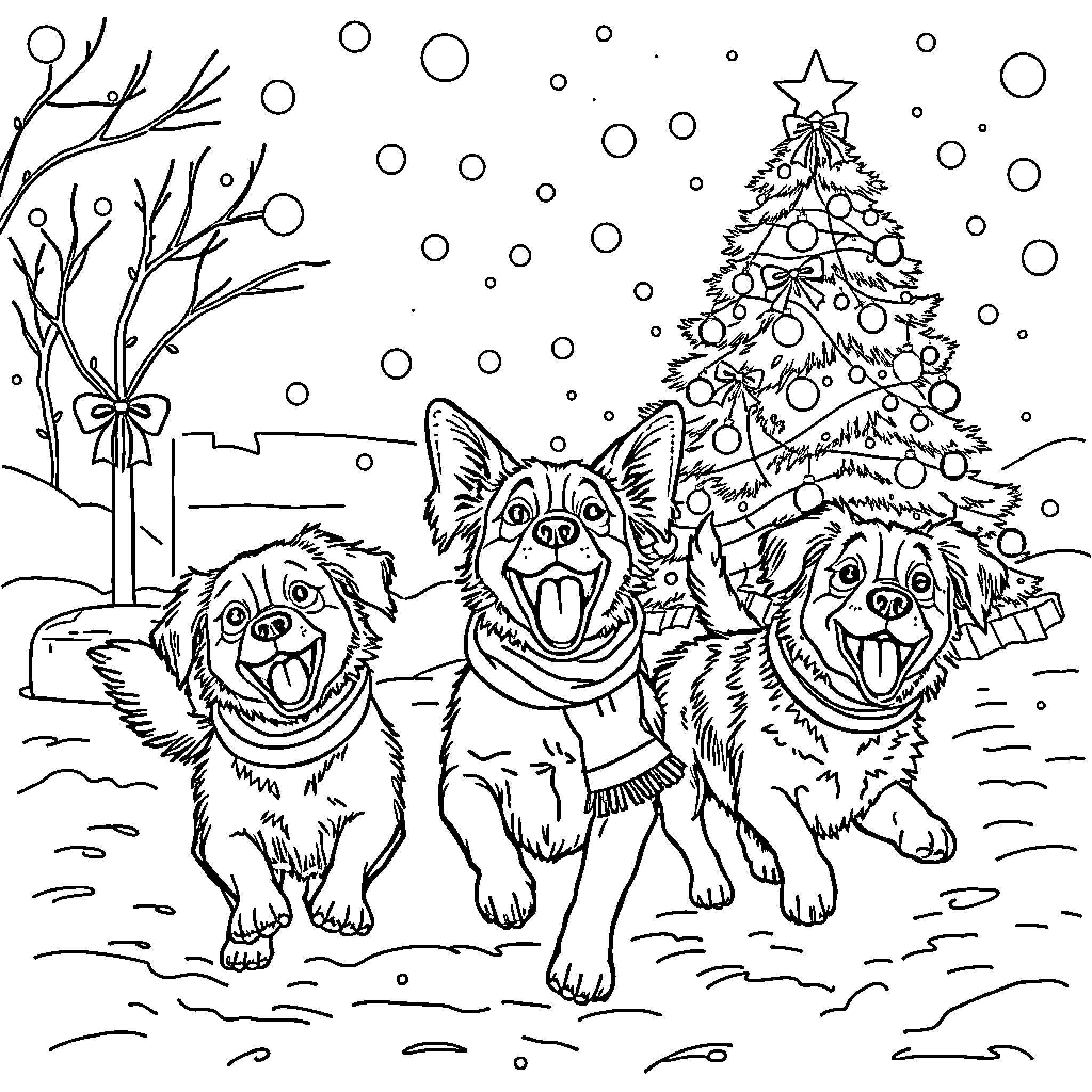 Dogs playing joyfully in snowy winter scene Coloring Page (free black-and-white line drawing printable PDF for all, from beginners to advanced learners, including children, teens, adults, and seniors)